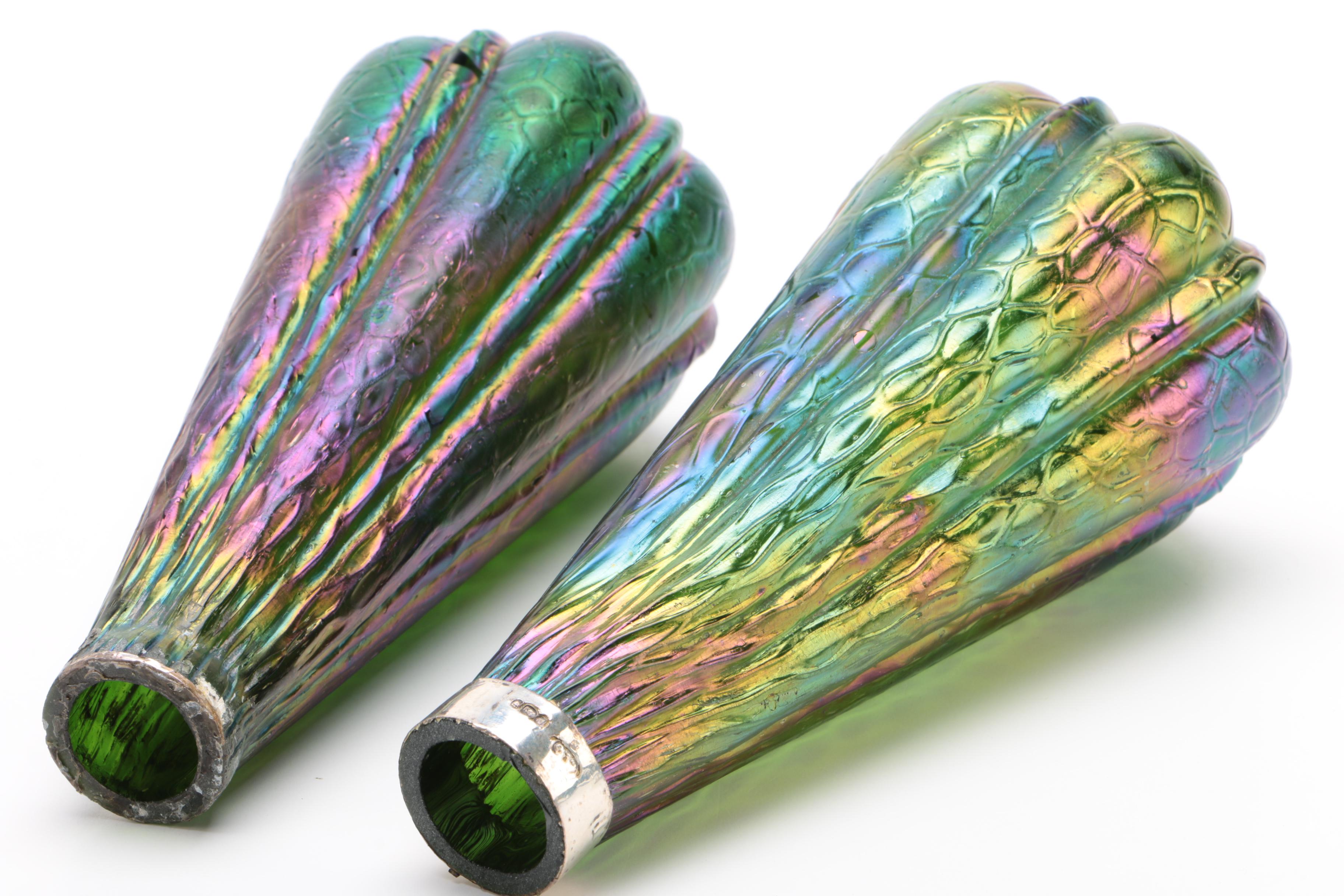 Thomas Webb Style Iridescent Martele Blown Glass Bud Vases with Sterling Collar