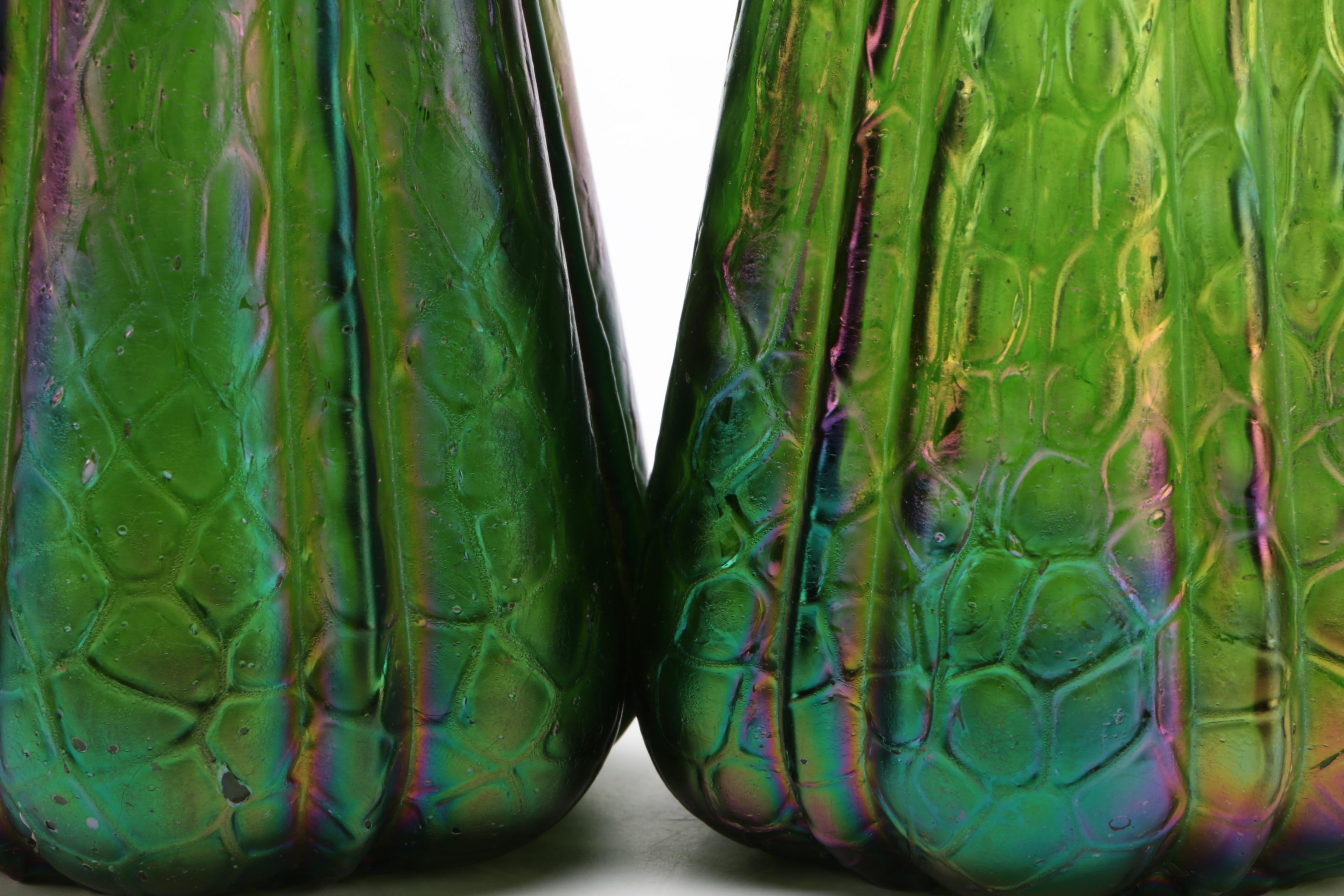 Thomas Webb Style Iridescent Martele Blown Glass Bud Vases with Sterling Collar