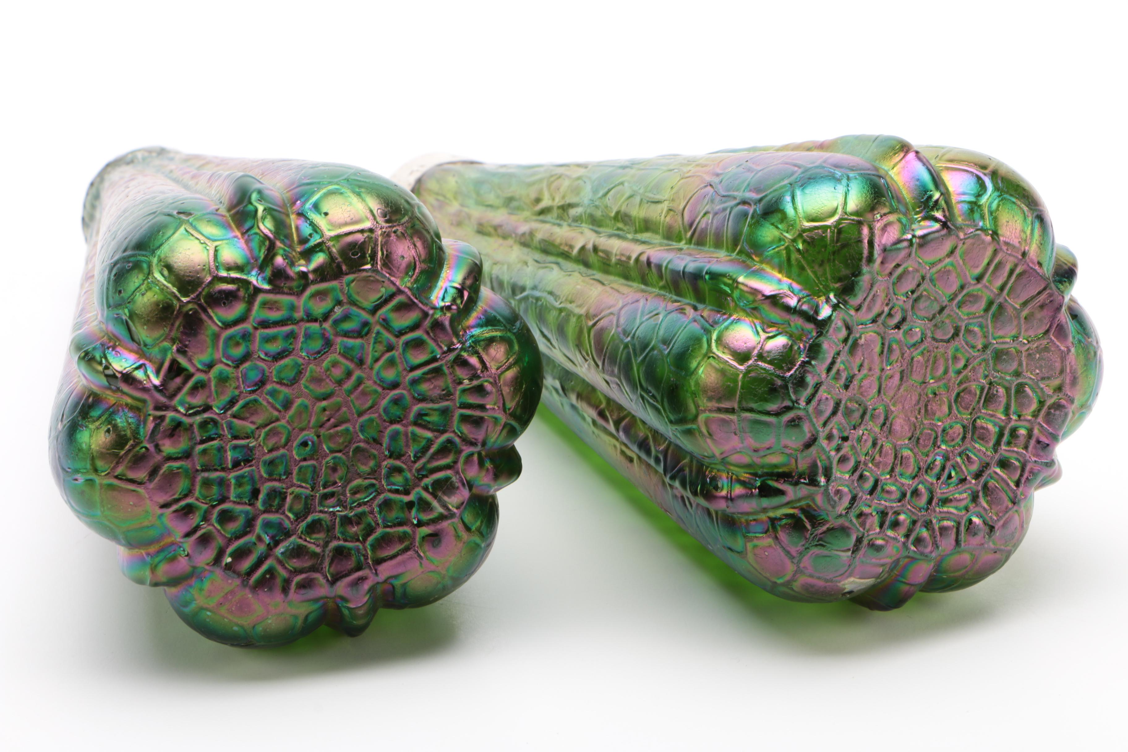 Thomas Webb Style Iridescent Martele Blown Glass Bud Vases with Sterling Collar