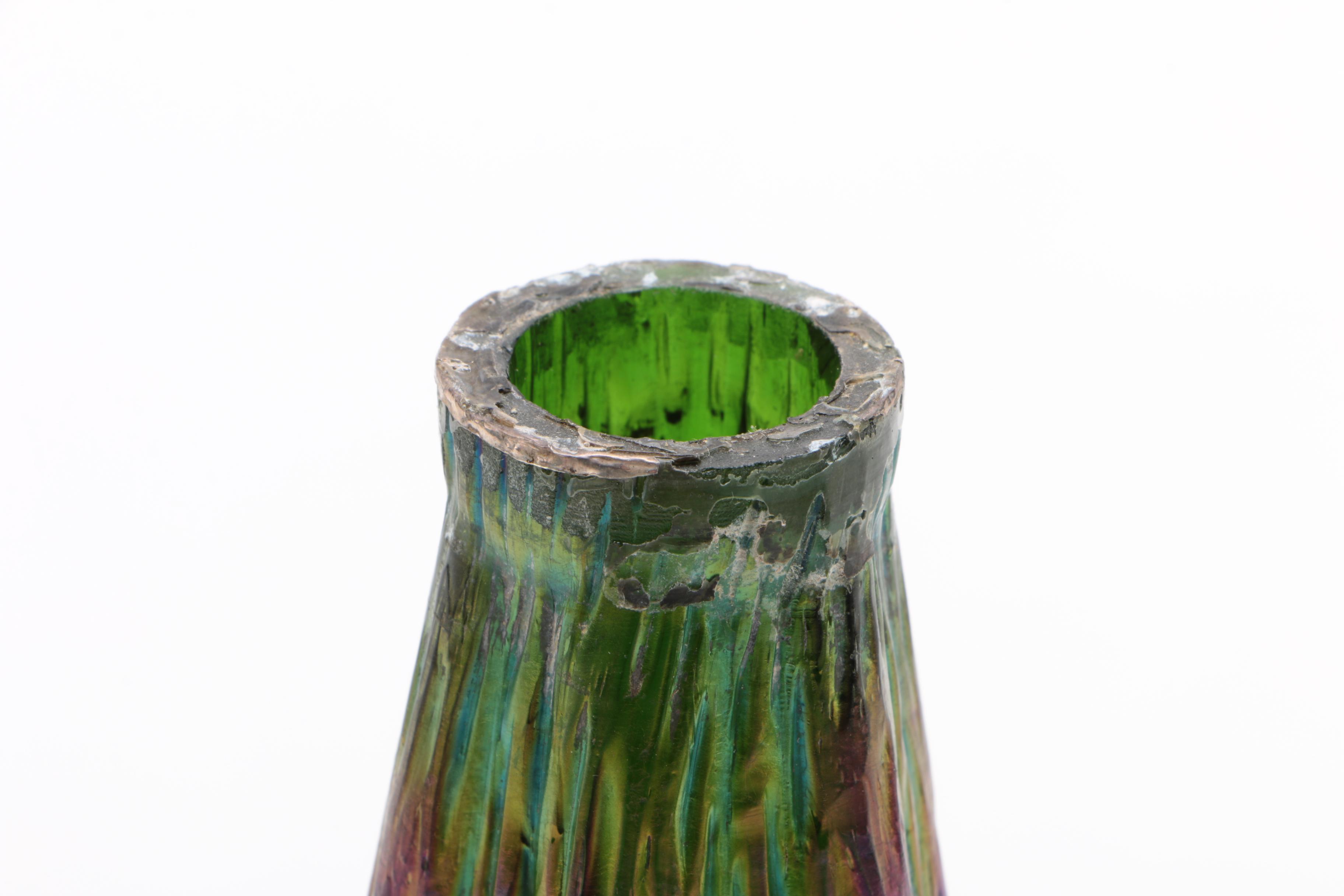 Thomas Webb Style Iridescent Martele Blown Glass Bud Vases with Sterling Collar