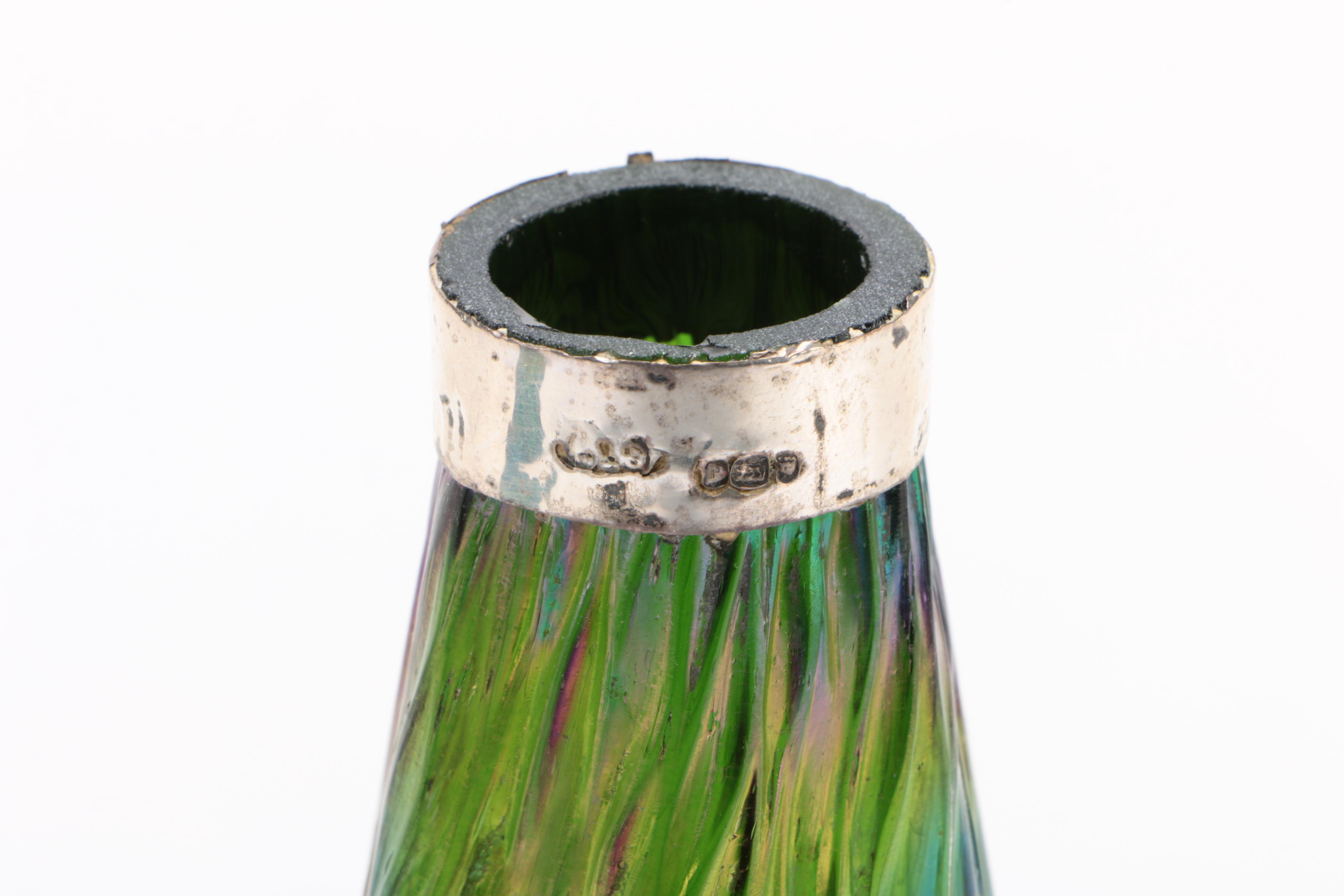 Thomas Webb Style Iridescent Martele Blown Glass Bud Vases with Sterling Collar