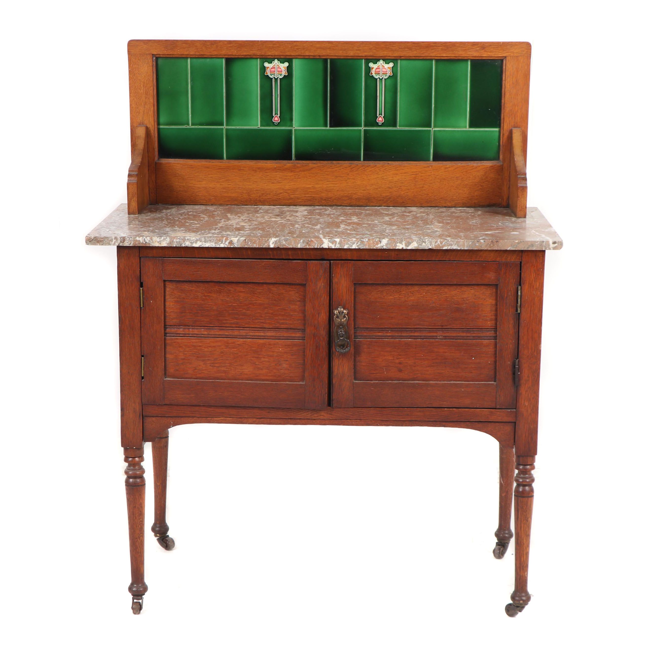 Late Victorian Oak Wash Stand with Tiled Backsplash, 19th/20th Century