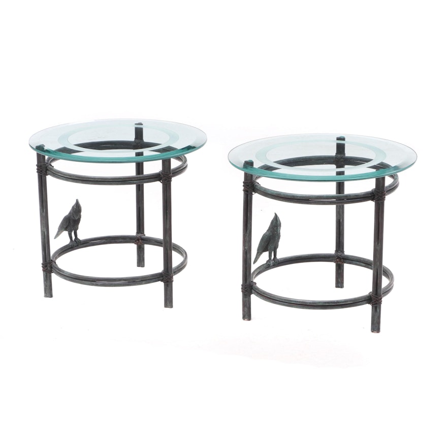 Two Outdoor Etched Glass Metal Side Tables with Bird Accent