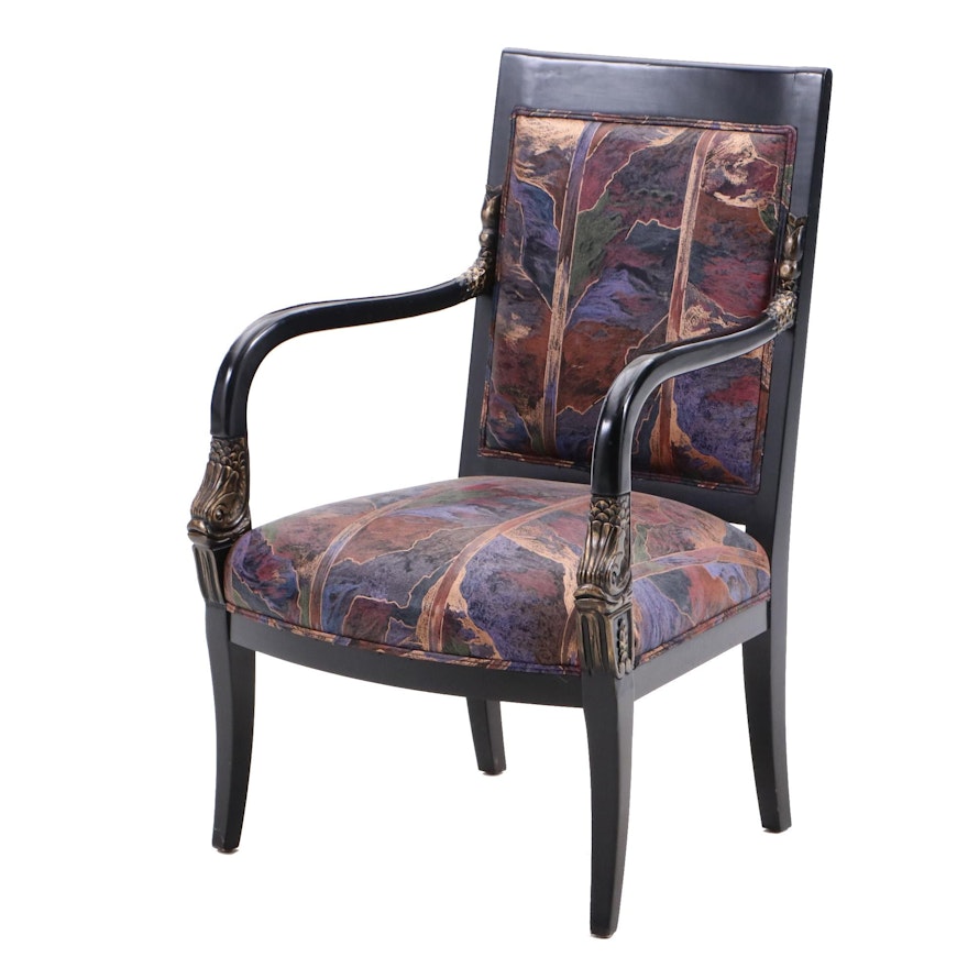 Empire Style Open Armchair with Ebonized Finish and Dolphin Accents