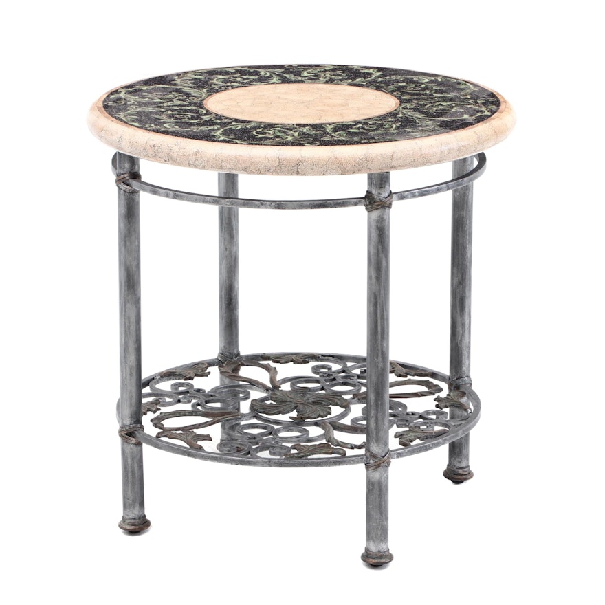 Round Wrought Iron Occasional Table with Faux Tile Top