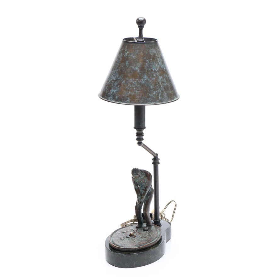 Bronze Tone Figural Golfer Accent Lamp with Lamp Shade