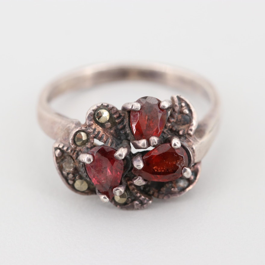 Sterling Silver Garnet and Marcasite Ring