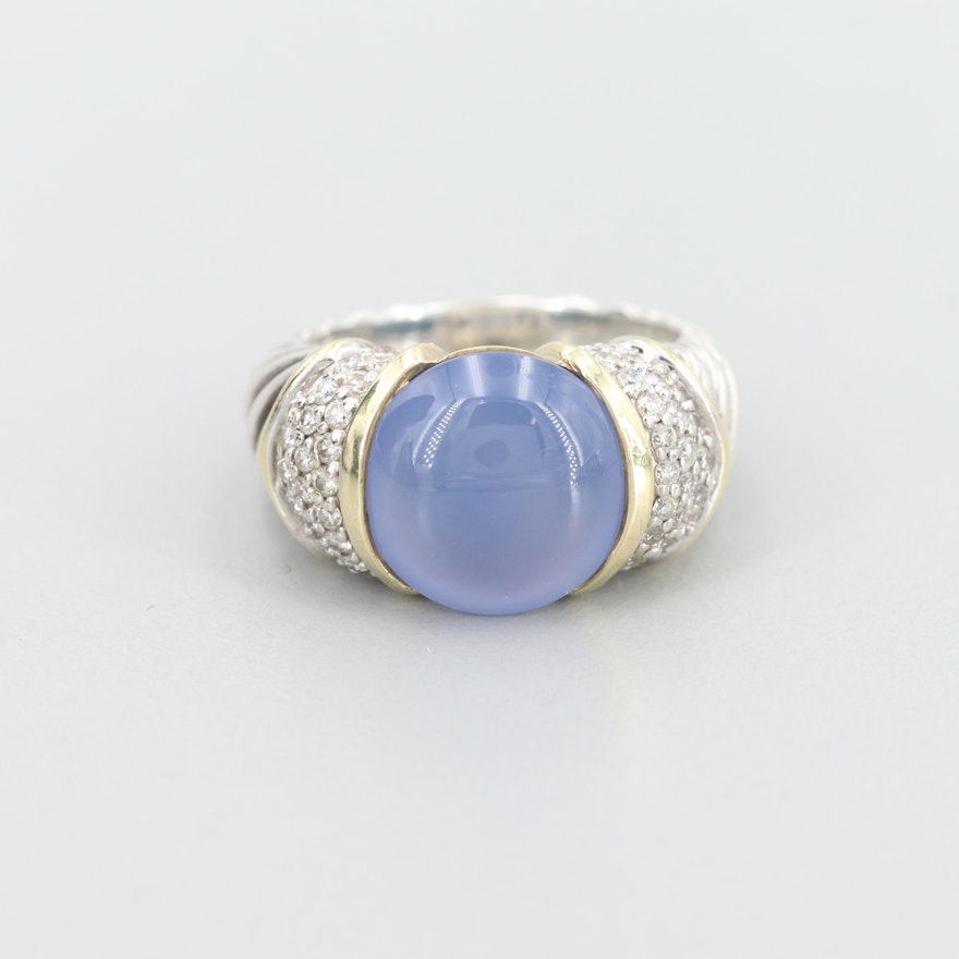 David Yurman Sterling Blue Chalcedony and Diamond Ring with 18K Gold Accents