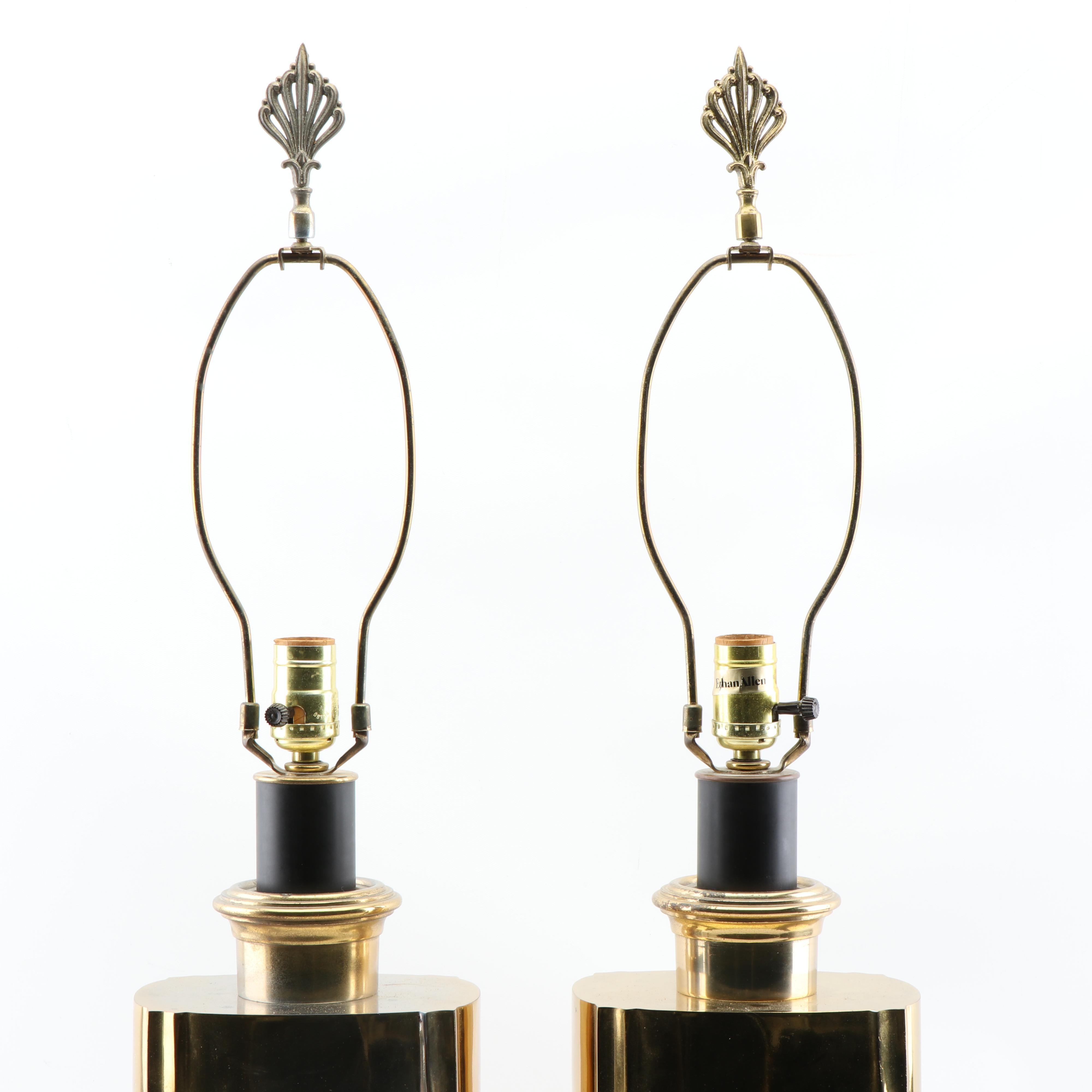 Ethan Allen Plated Brass Table Lamps with Feather Plume Accents, 20th Century