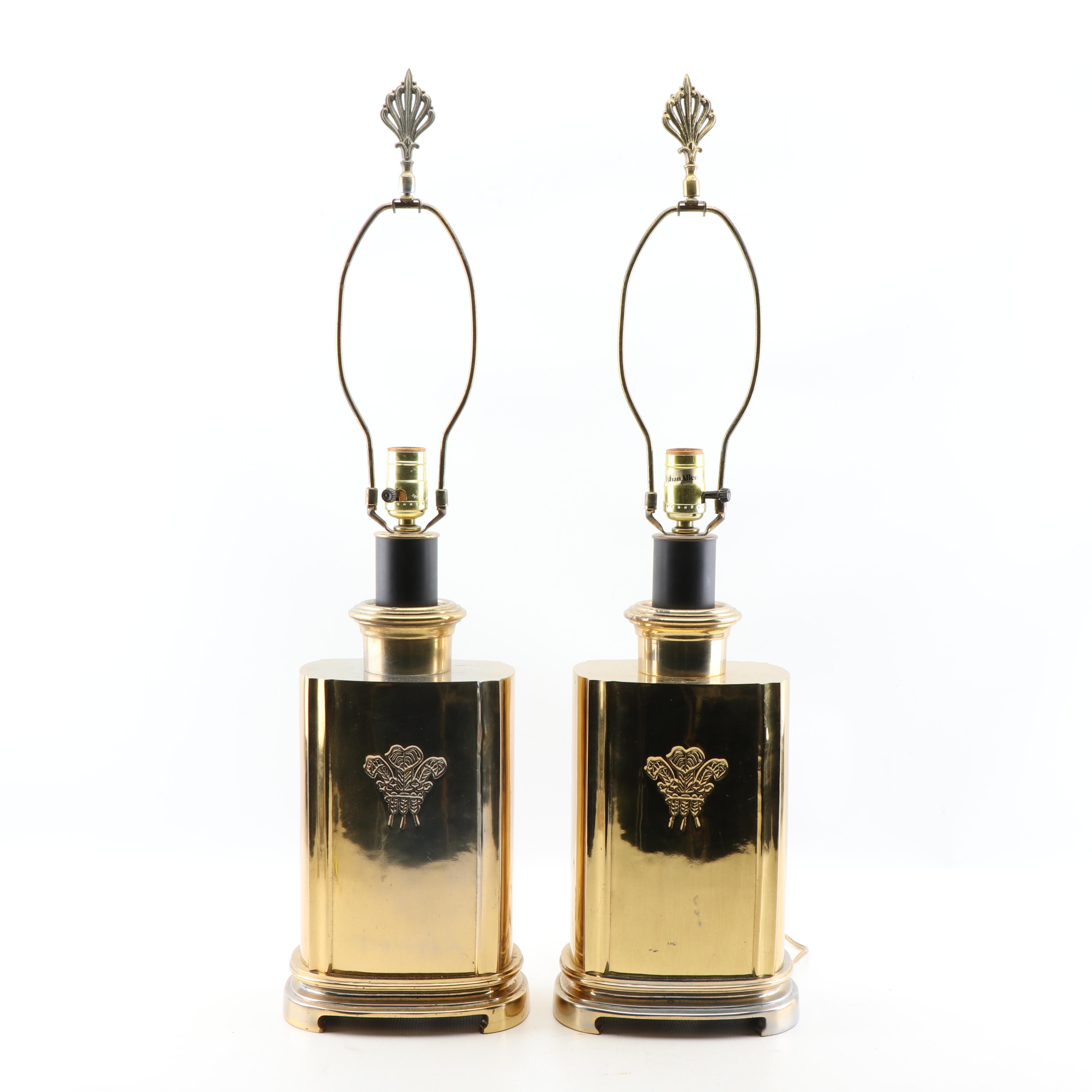 Ethan Allen Plated Brass Table Lamps with Feather Plume Accents, 20th Century
