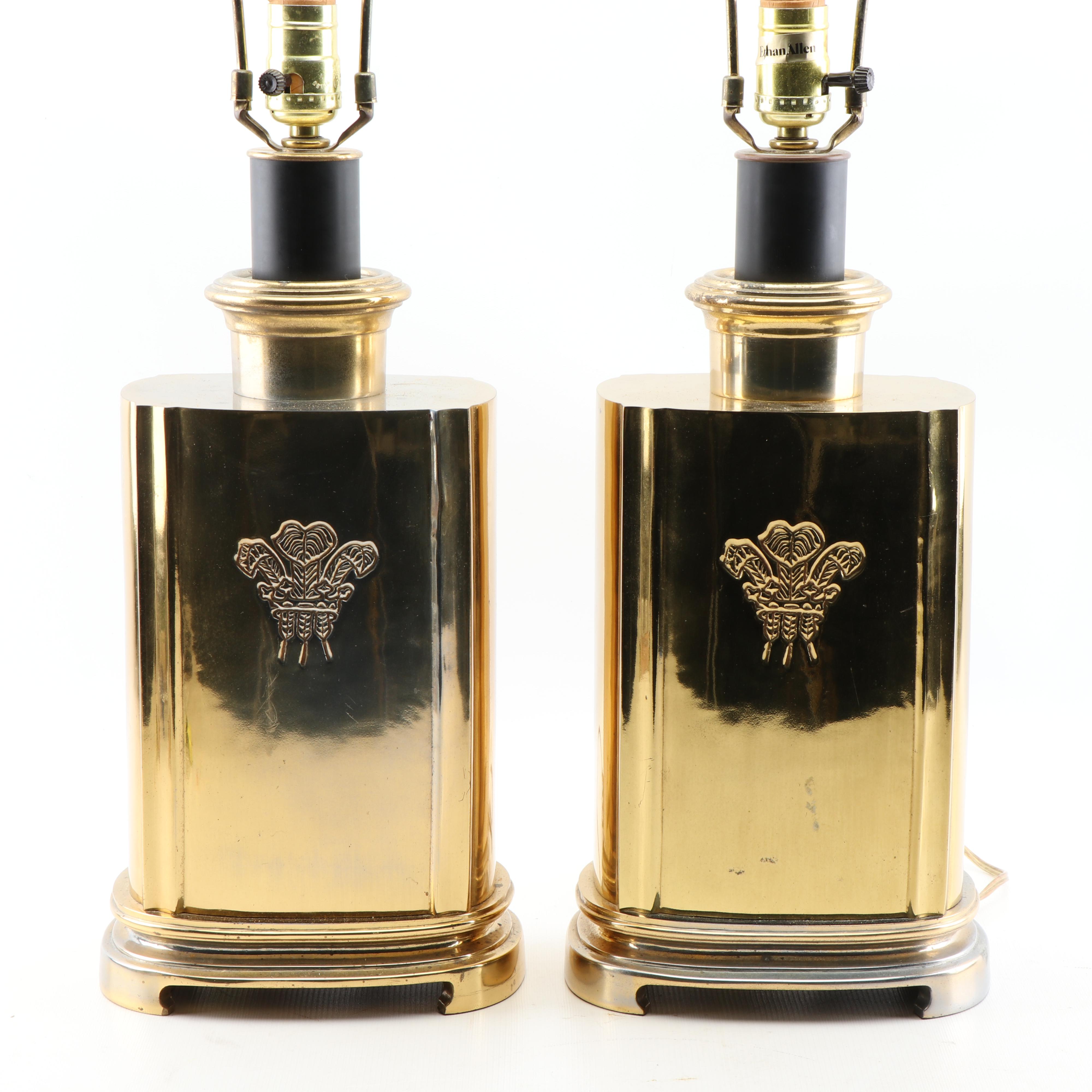 Ethan Allen Plated Brass Table Lamps with Feather Plume Accents, 20th Century