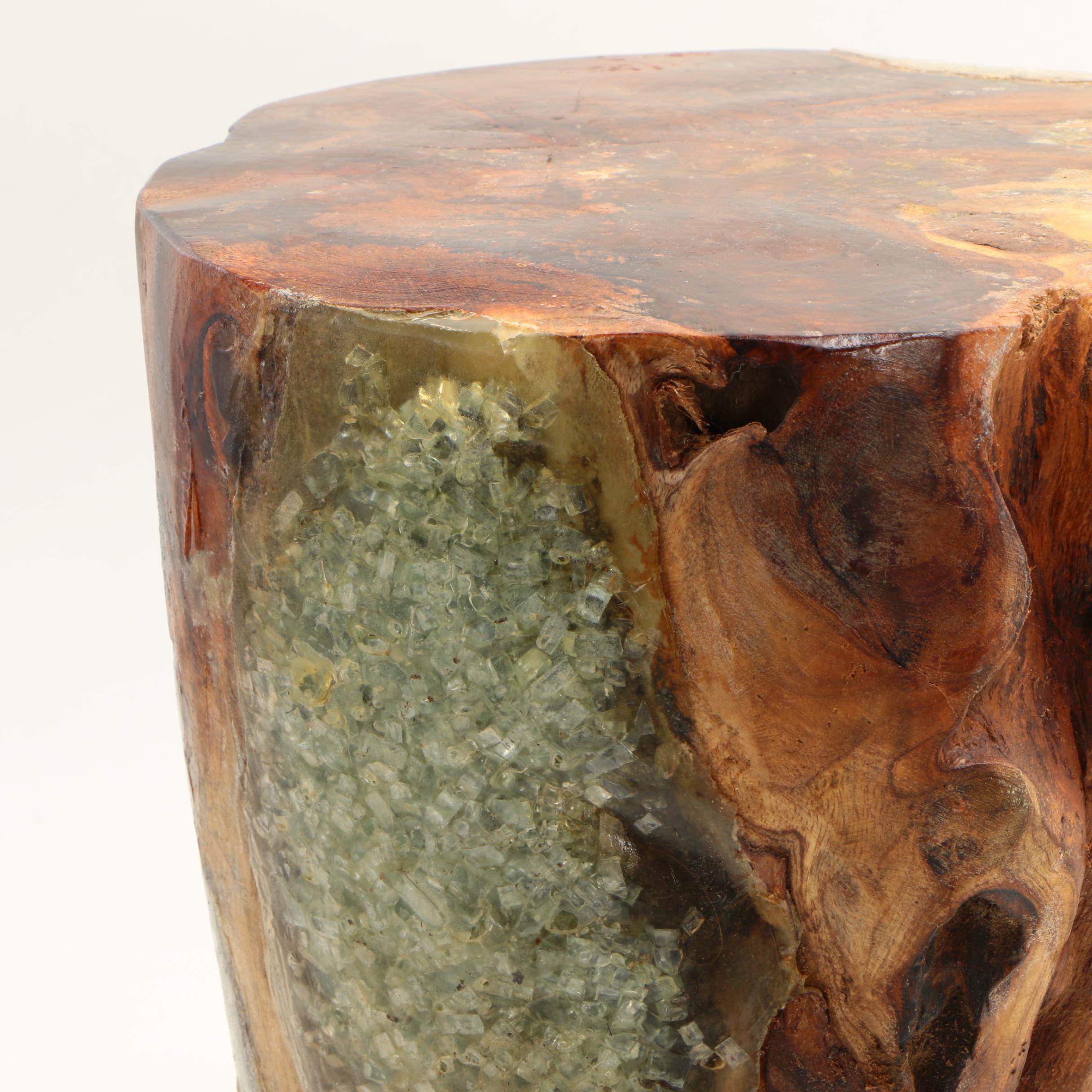Indonesian "Illusions" Carved Mango Wood and Recycled Glass Stool