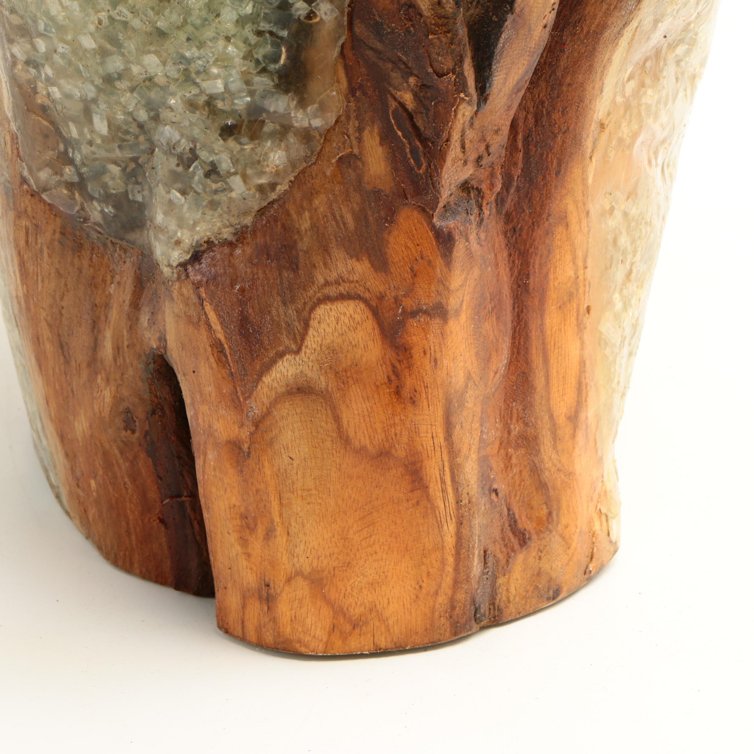 Indonesian "Illusions" Carved Mango Wood and Recycled Glass Stool