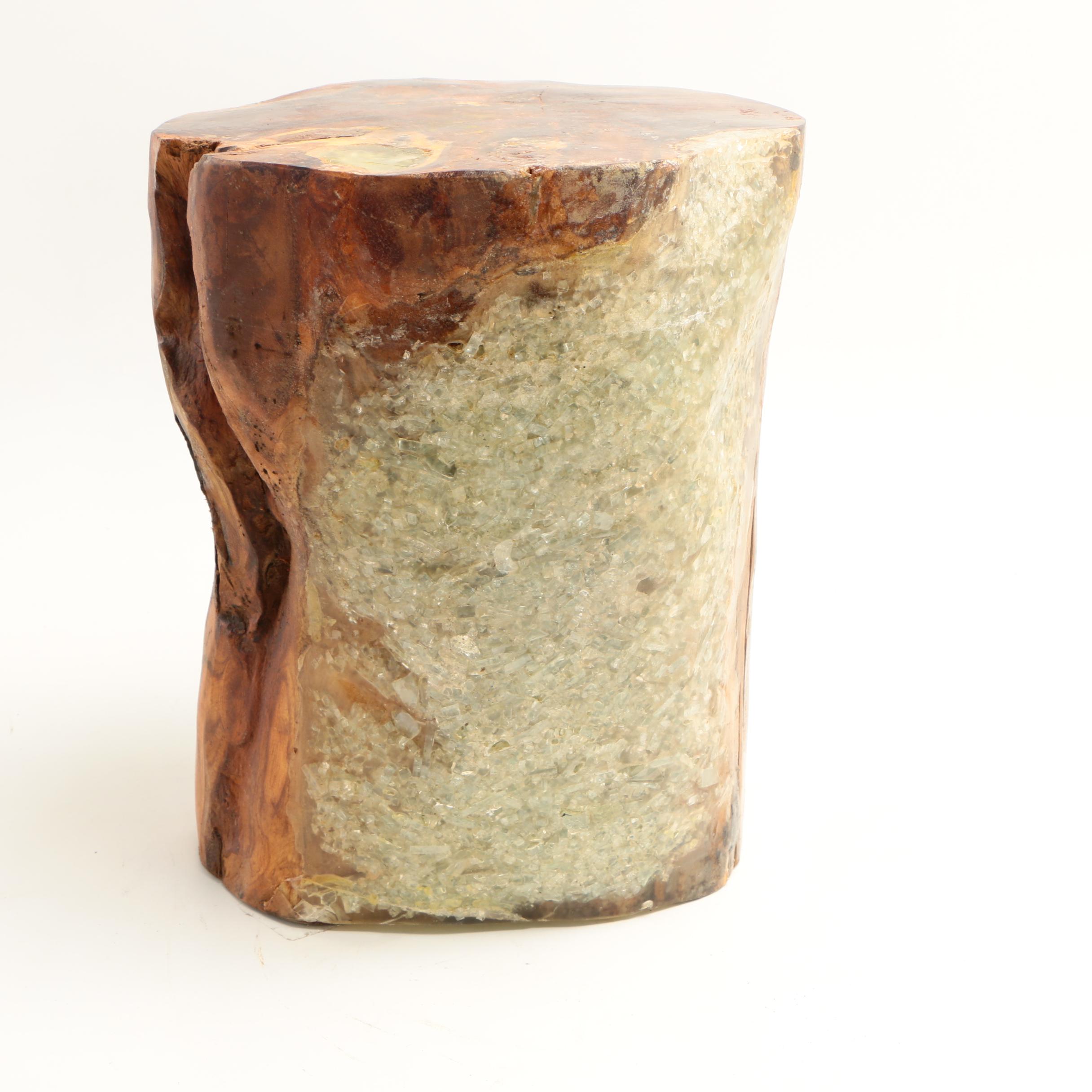 Indonesian "Illusions" Carved Mango Wood and Recycled Glass Stool