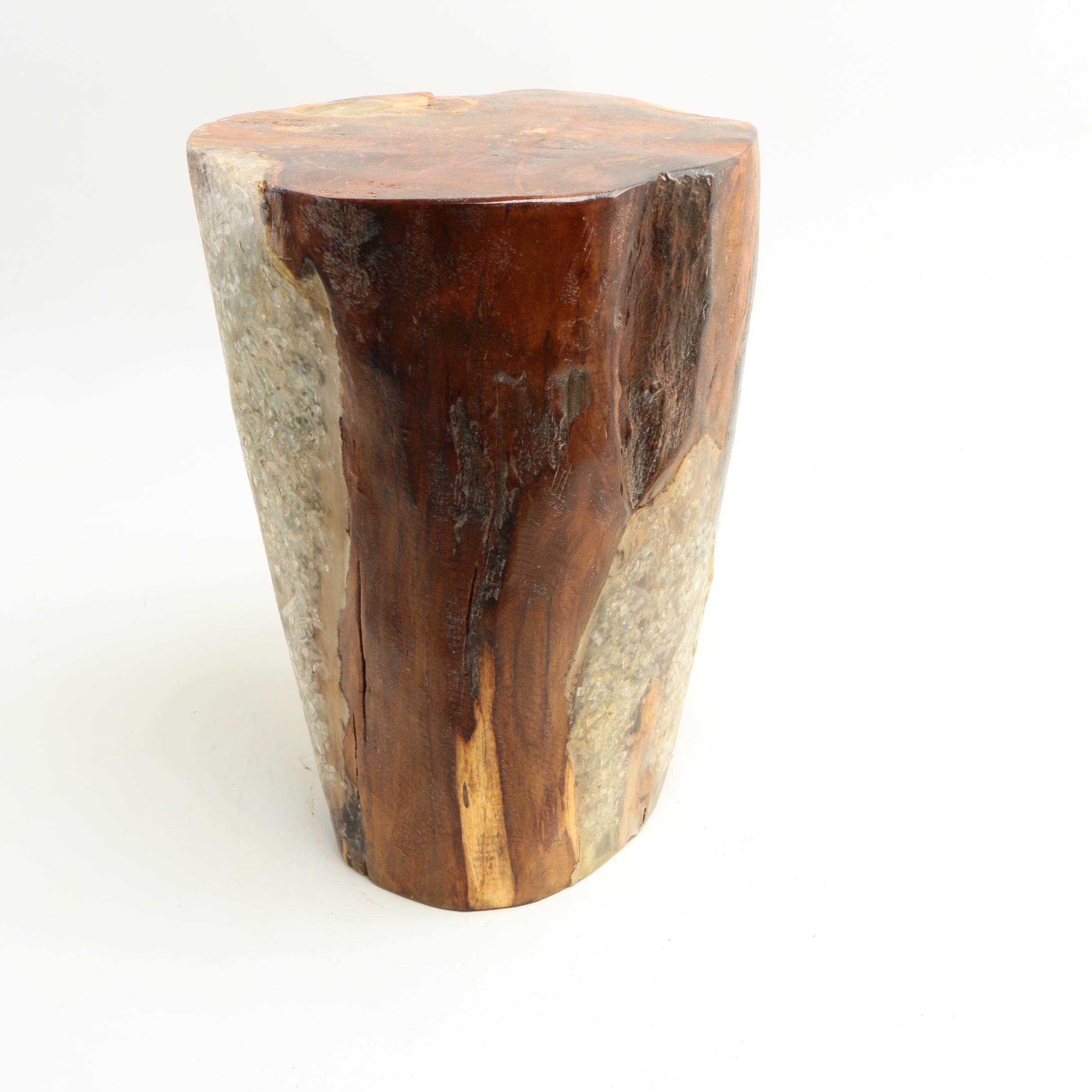 Indonesian "Illusions" Carved Mango Wood and Recycled Glass Stool