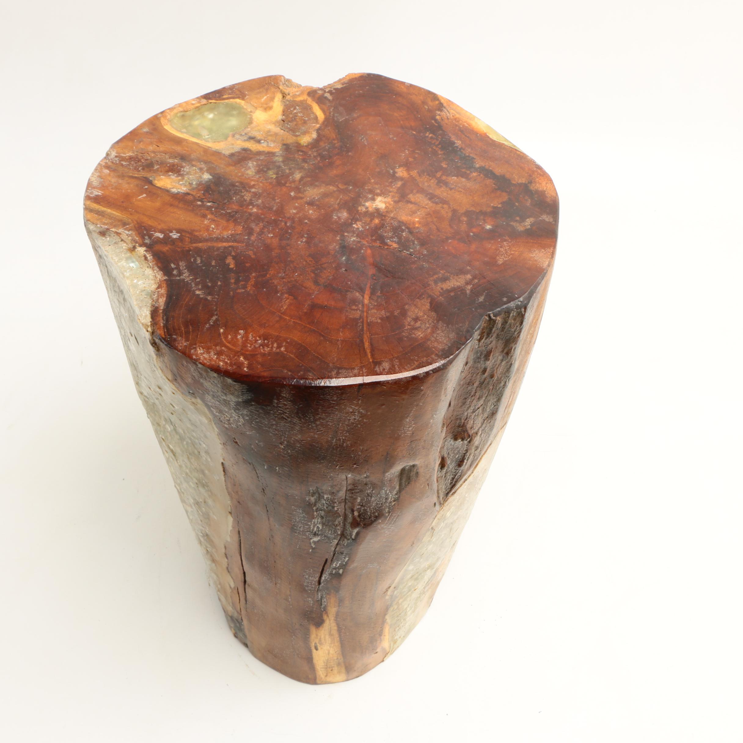 Indonesian "Illusions" Carved Mango Wood and Recycled Glass Stool