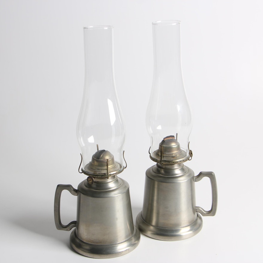 Shuler Pewter Tankard Oil Lanterns with Glass Hurricanes