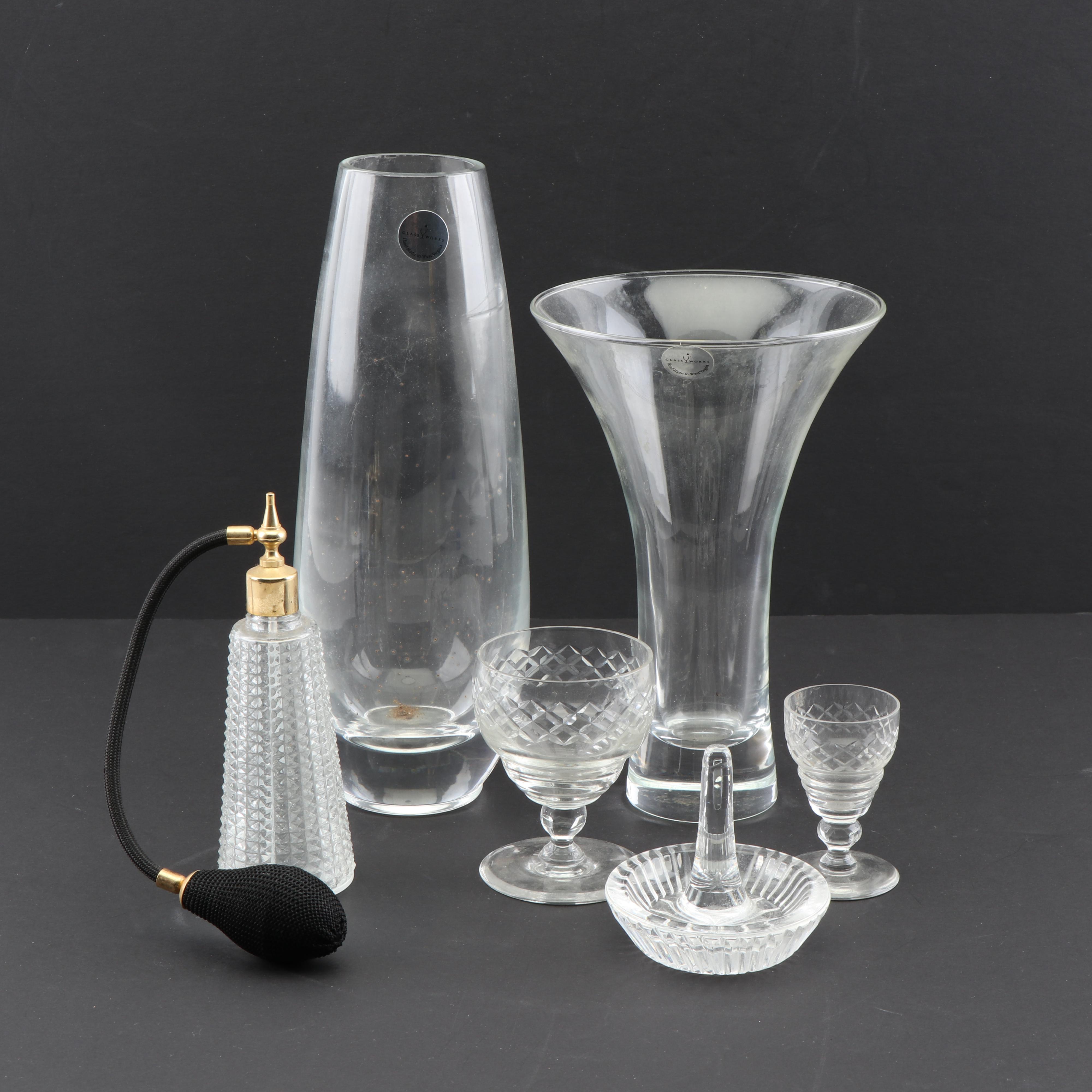 Glassworks Flower Vases with Crystal Barware, Atomizer, and Ring Holder