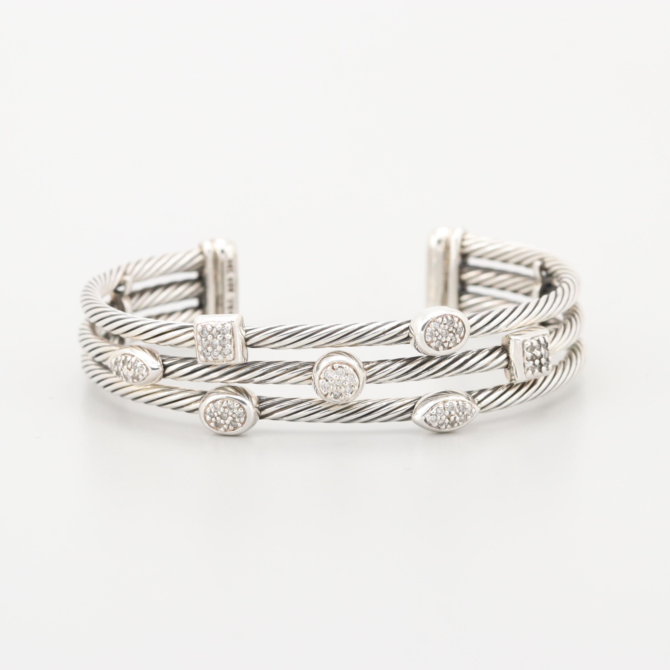 David Yurman Sterling Silver and 18K White Gold Diamond "Confetti" Cuff Bracelet