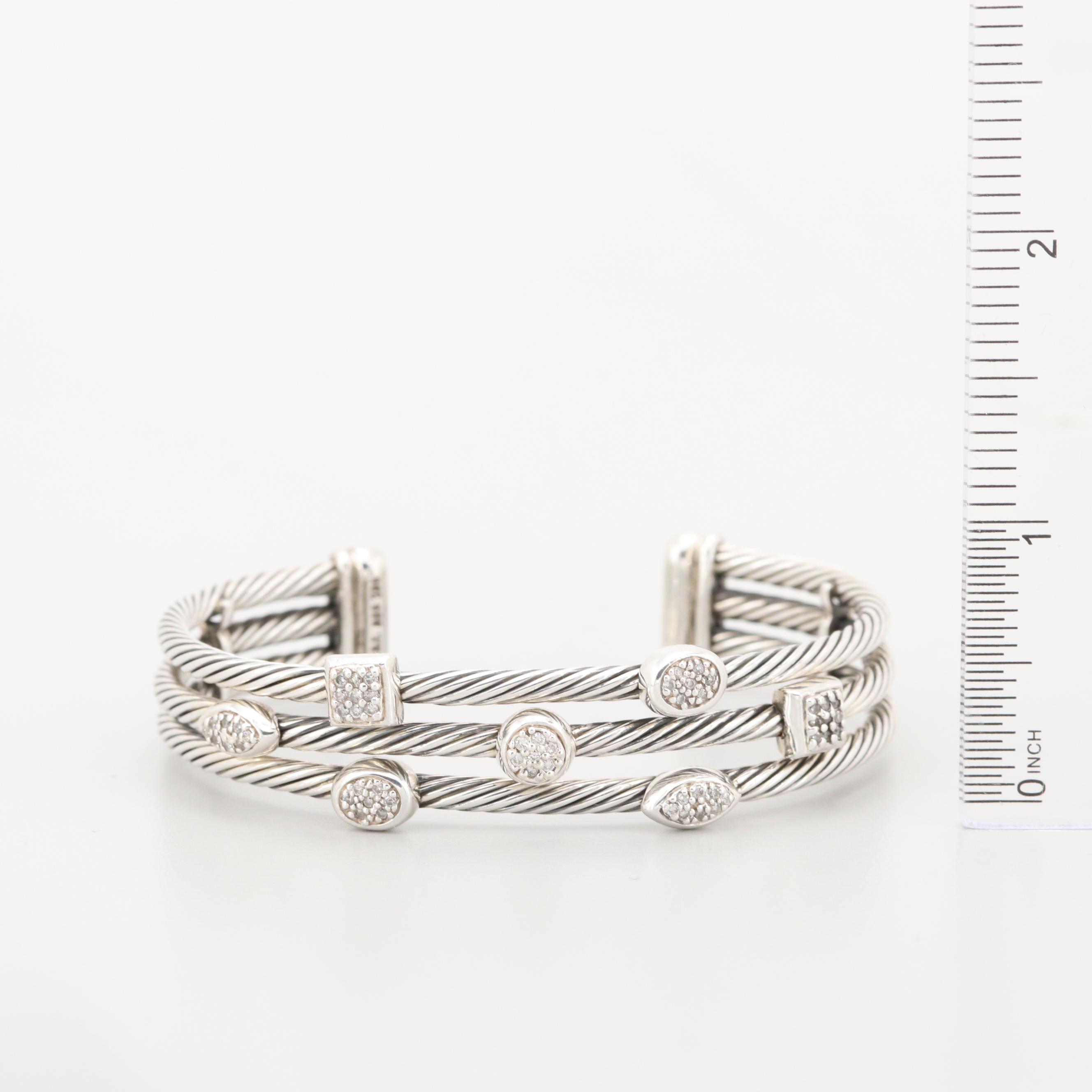 David Yurman Sterling Silver and 18K White Gold Diamond "Confetti" Cuff Bracelet