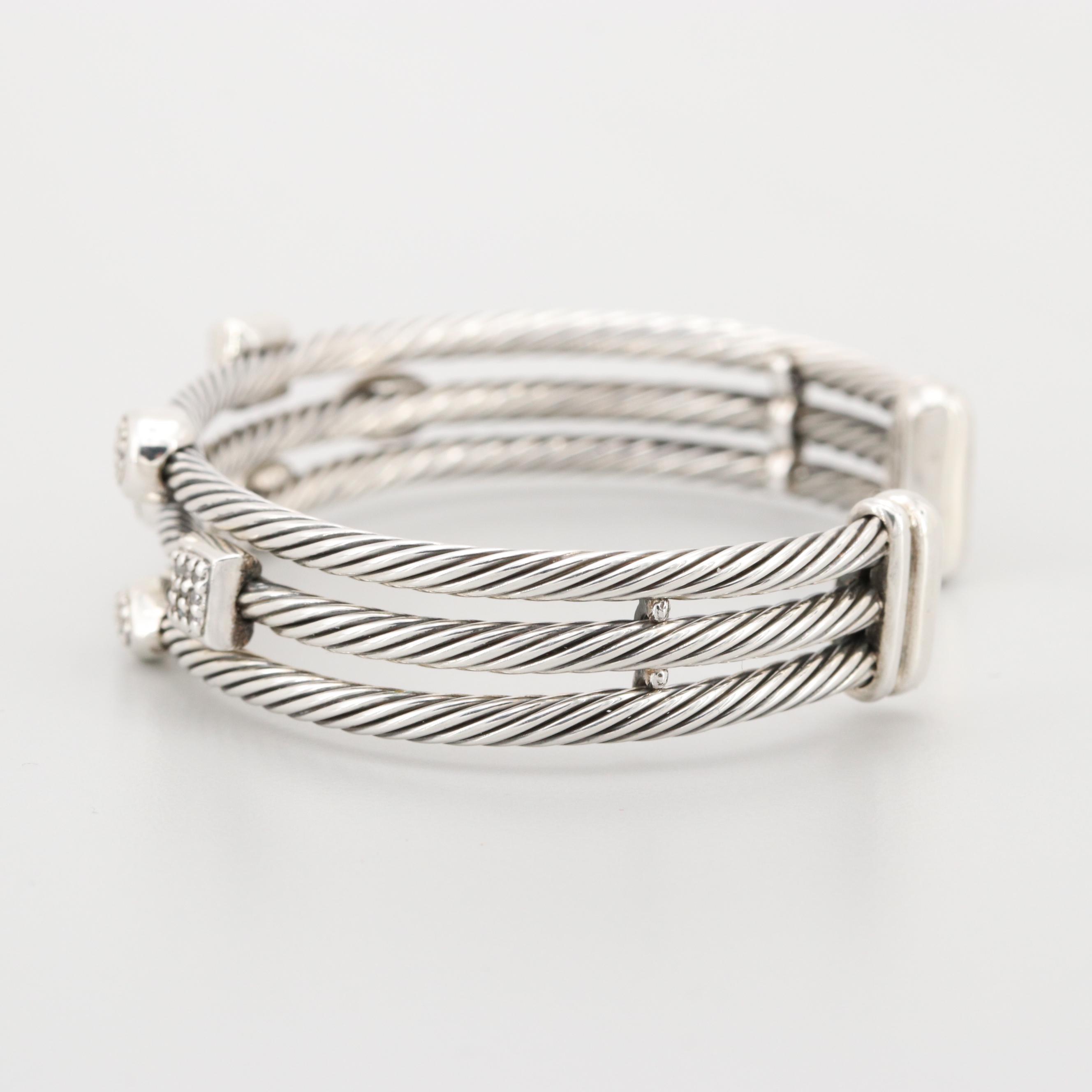 David Yurman Sterling Silver and 18K White Gold Diamond "Confetti" Cuff Bracelet