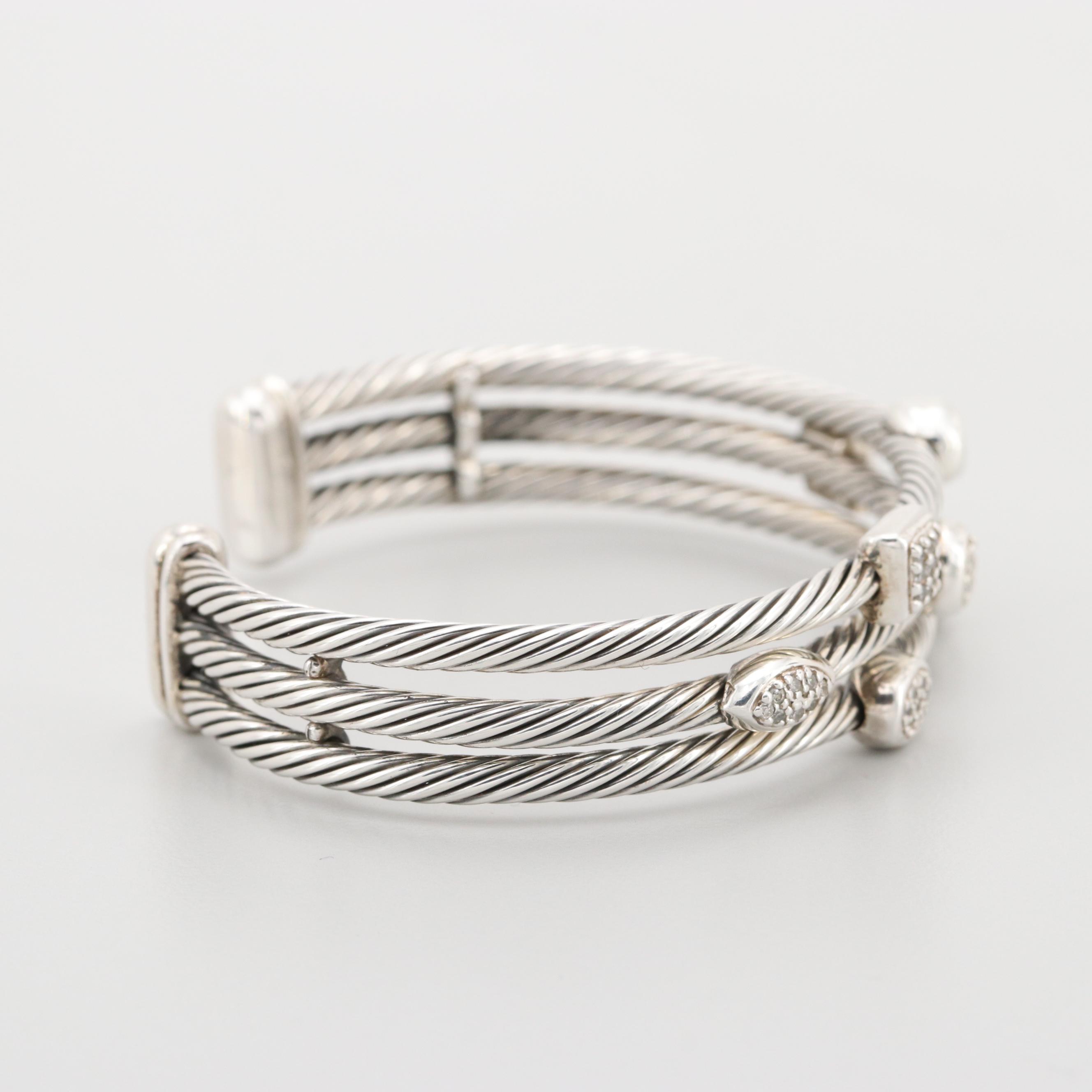 David Yurman Sterling Silver and 18K White Gold Diamond "Confetti" Cuff Bracelet