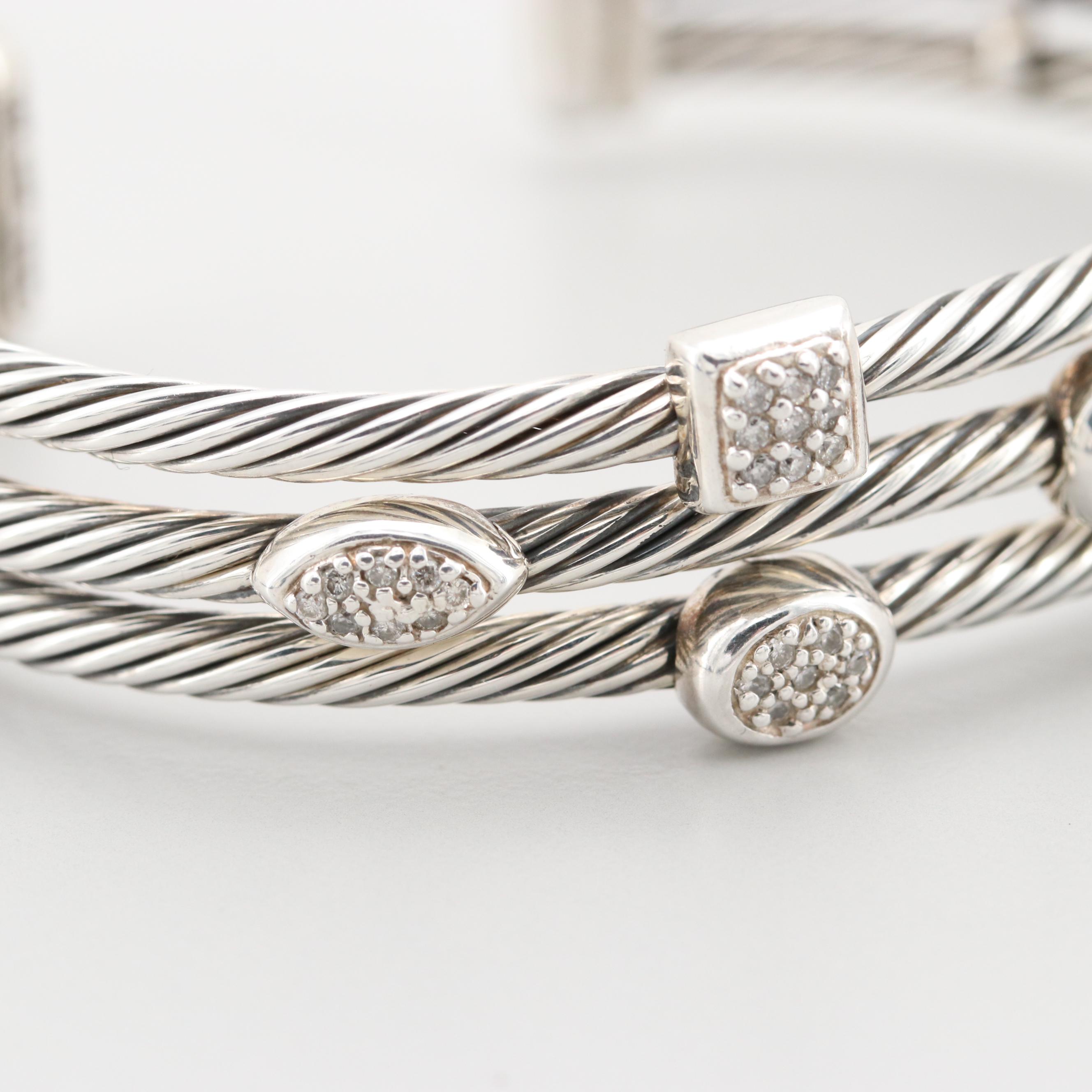 David Yurman Sterling Silver and 18K White Gold Diamond "Confetti" Cuff Bracelet