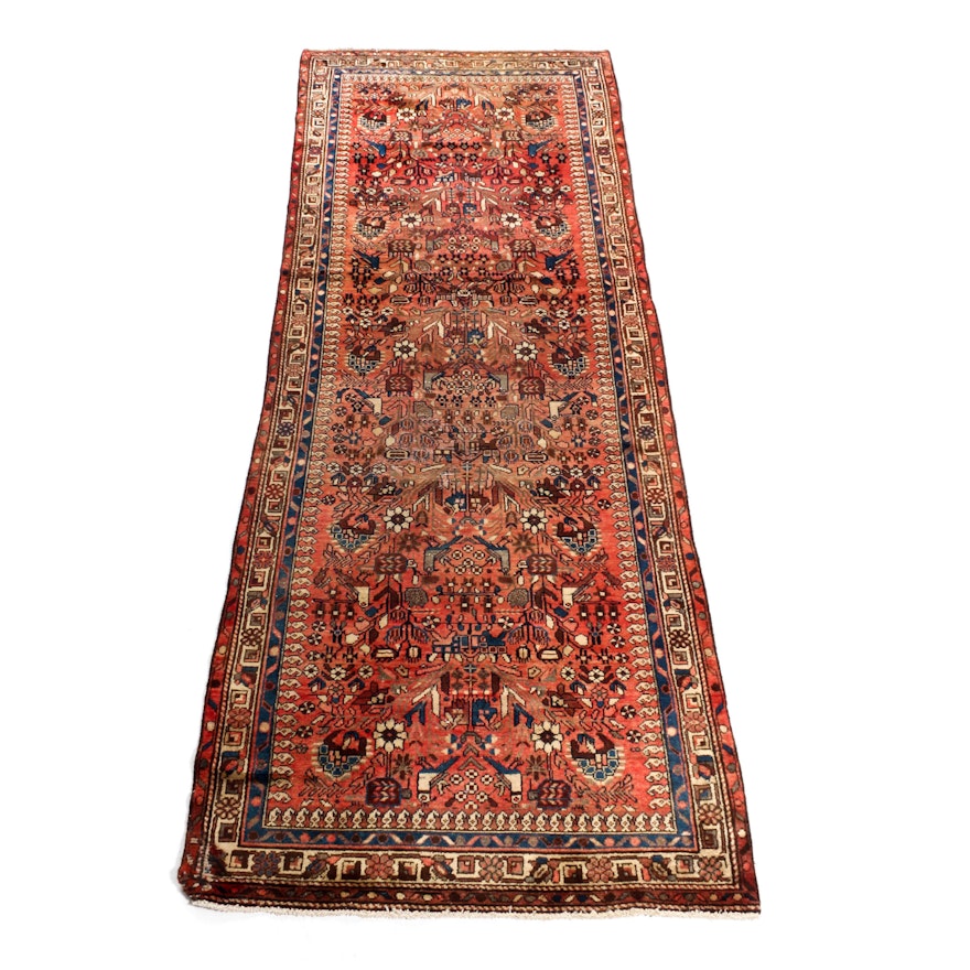 3.6' x 9.8' Hand-Knotted Persian Malayer Sarouk Carpet Runner Circa 1940