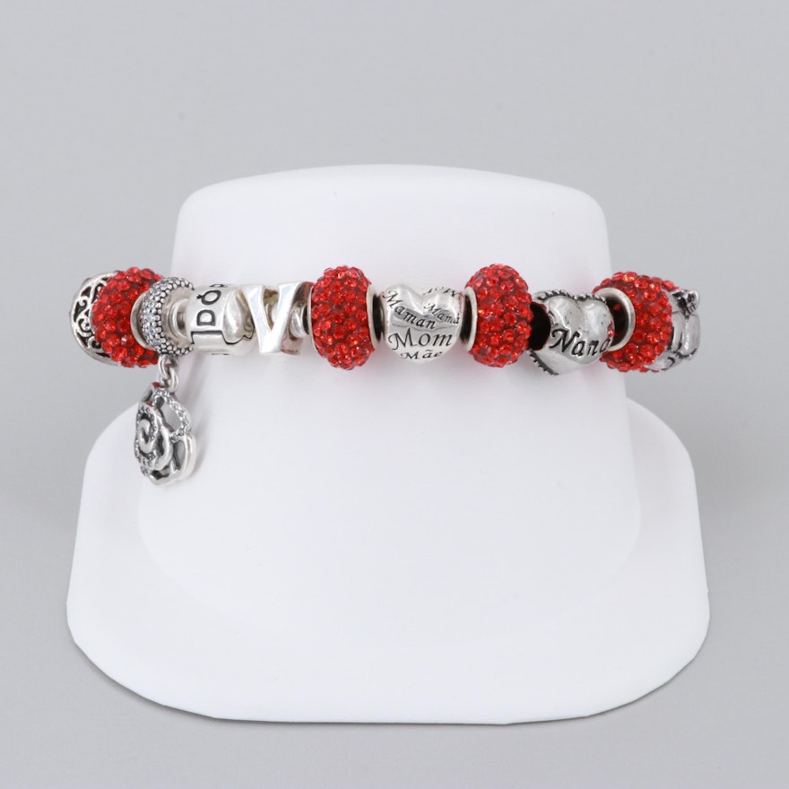 Pandora and Charm Leather Bracelet Including Sterling Silver and Cubic Zirconia