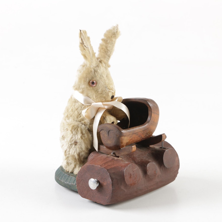 German Style Automaton Rabbit Rocking Cradle Musical Figurine
