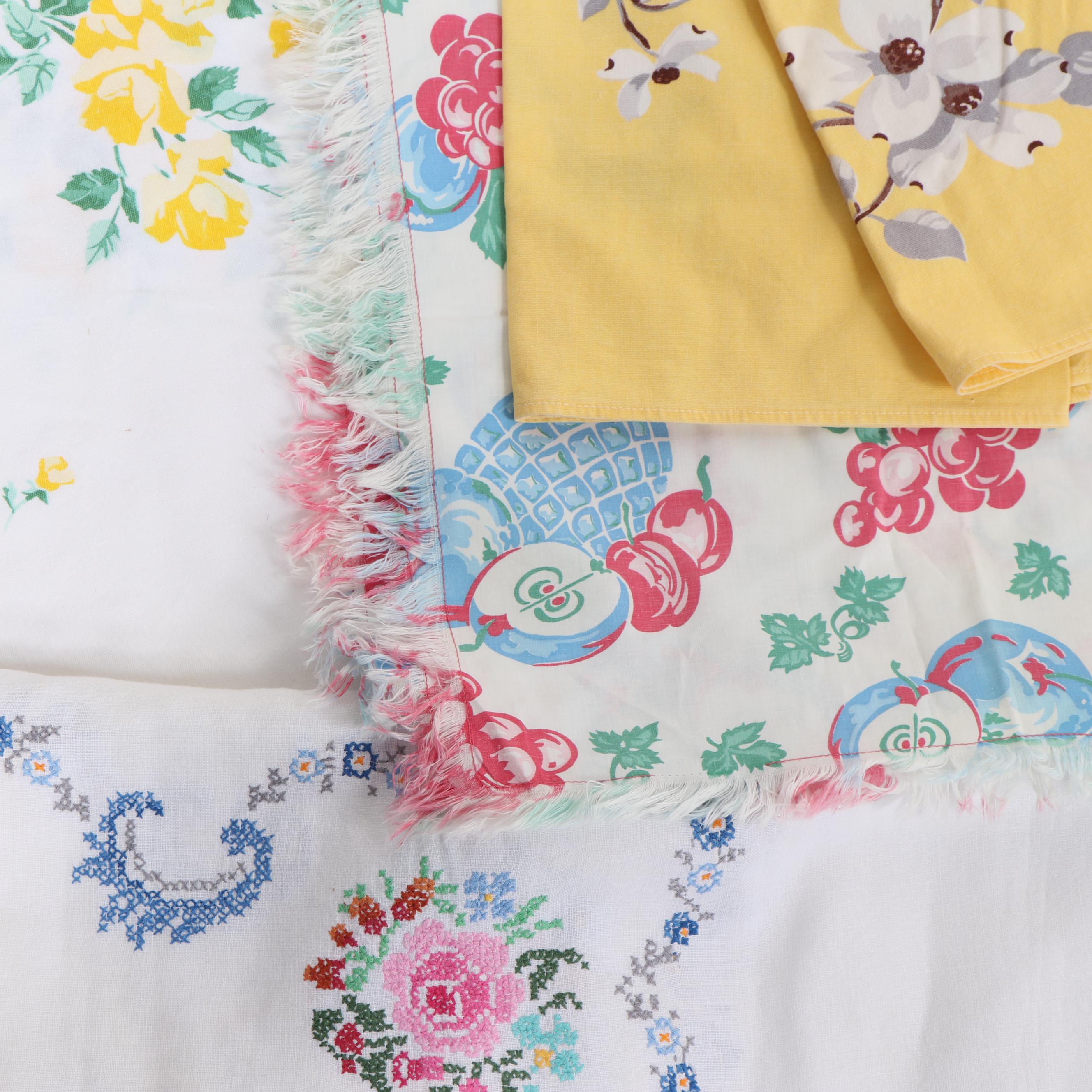 Printed and Embroidered Floral Table Linens, Mid-20th Century