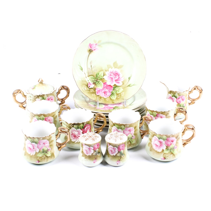 Lefton China Porcelain Snack Set with Hand Painted Rose Decoration