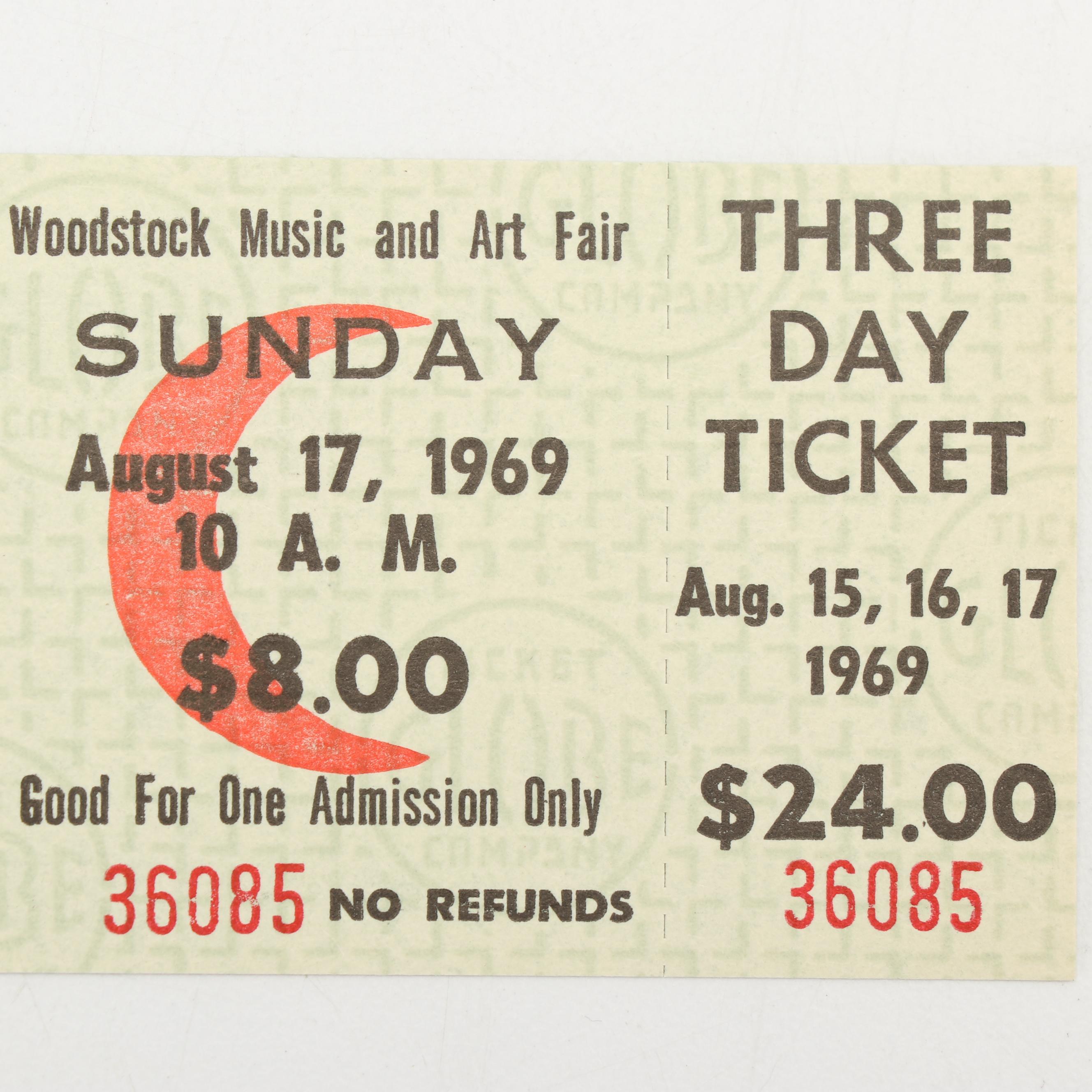 Unused Woodstock 3-Day Ticket, 1969