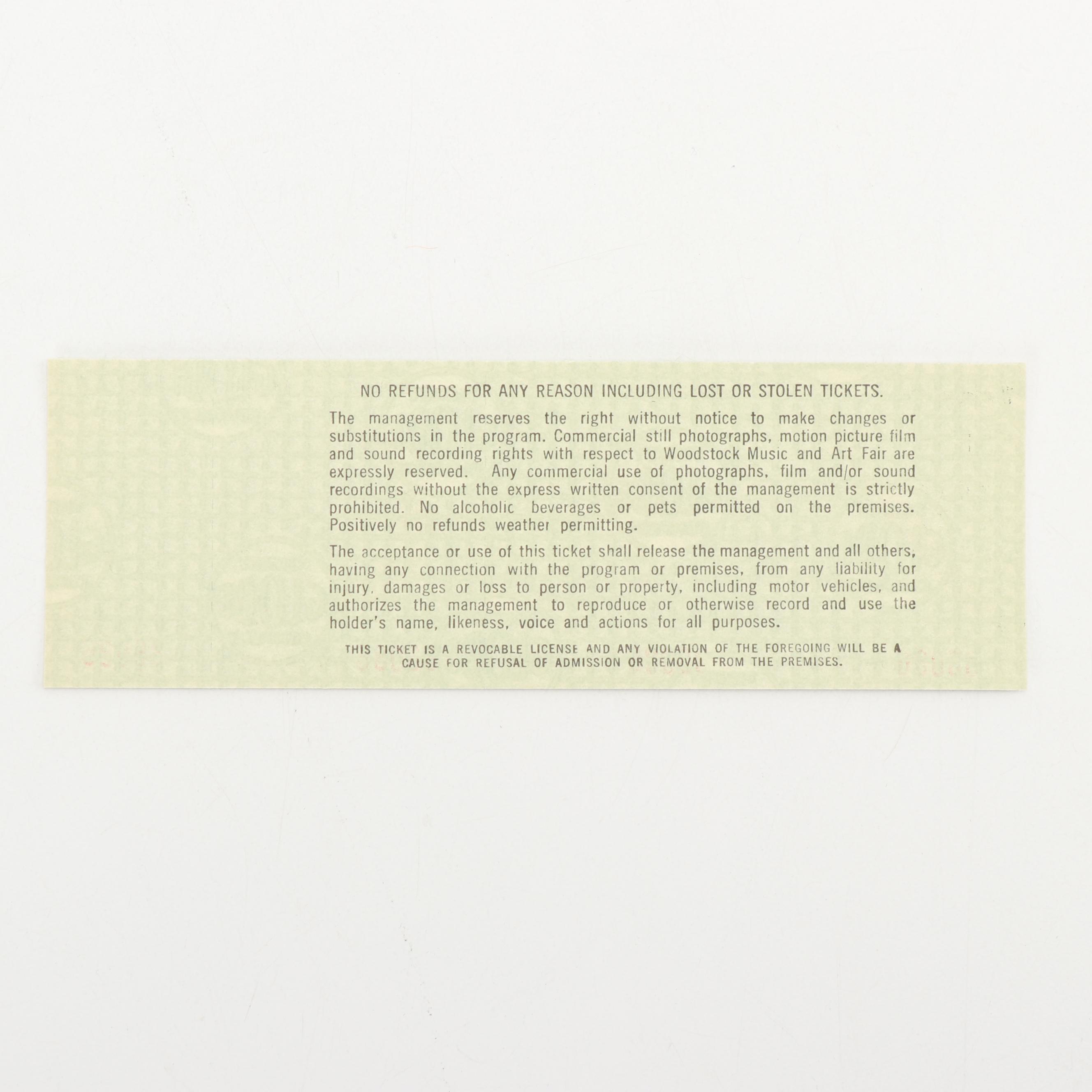 Unused Woodstock 3-Day Ticket, 1969
