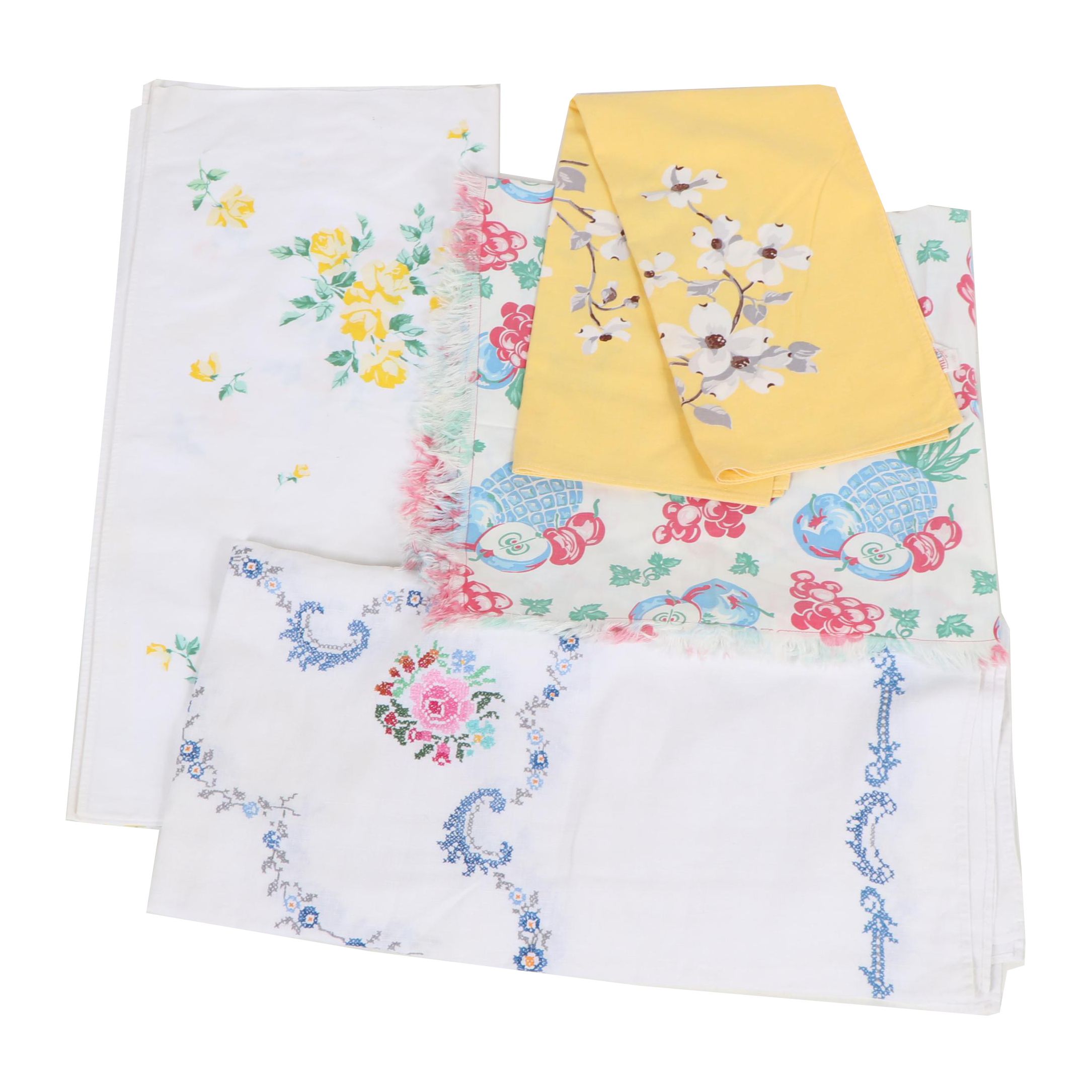 Printed and Embroidered Floral Table Linens, Mid-20th Century