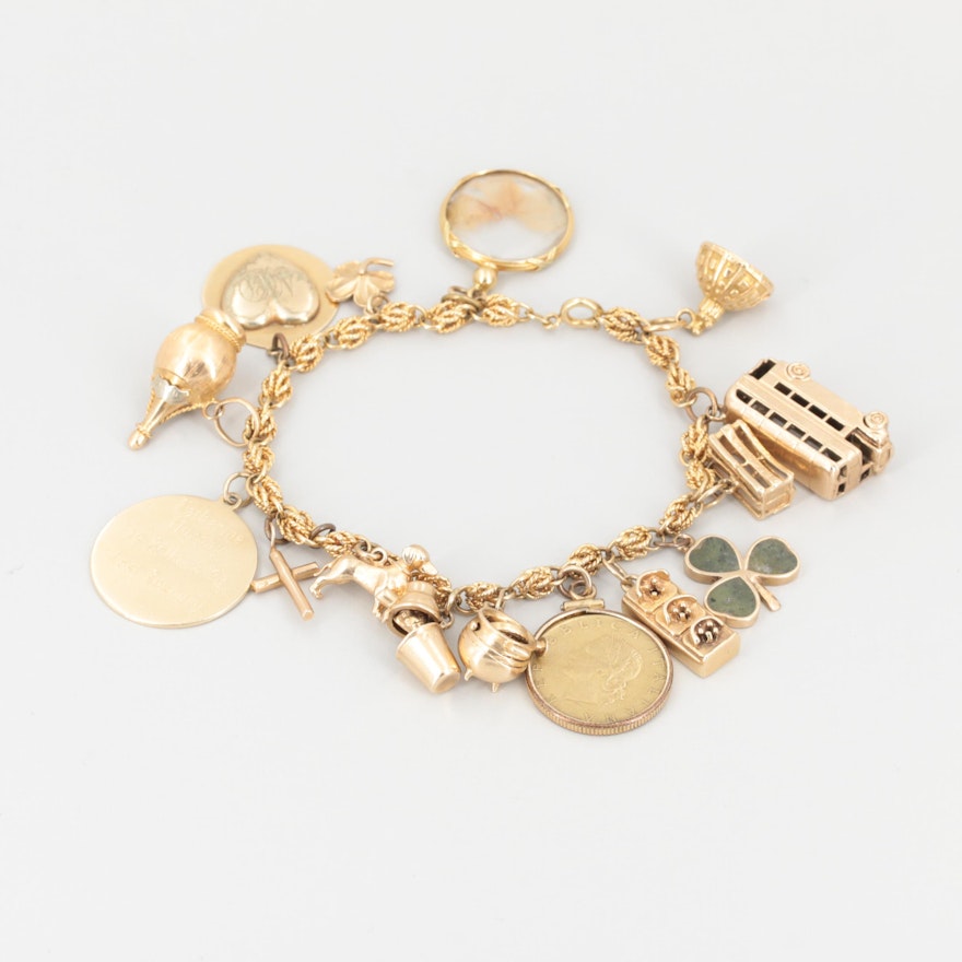 18K, 14K, and 9K Gold Nephrite and Resin Charm Bracelet with 1973 20 Lire Coin