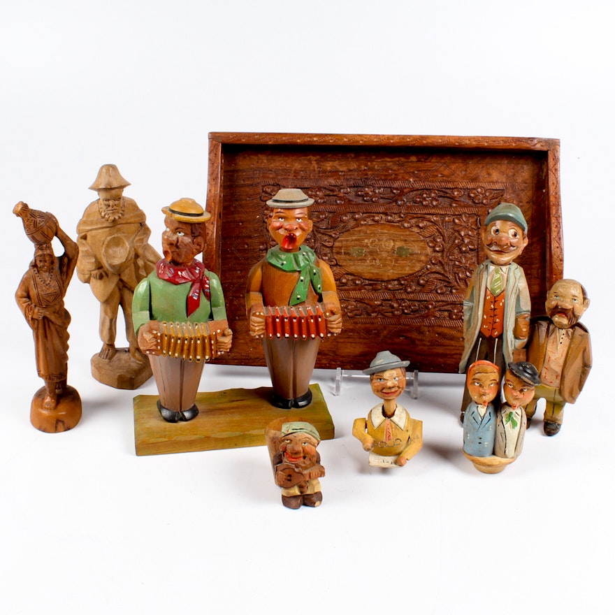 European Carved Wooden Figures and Bar Tools