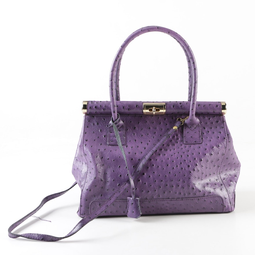 Italian Purple Ostrich Embossed Leather Serena Bag
