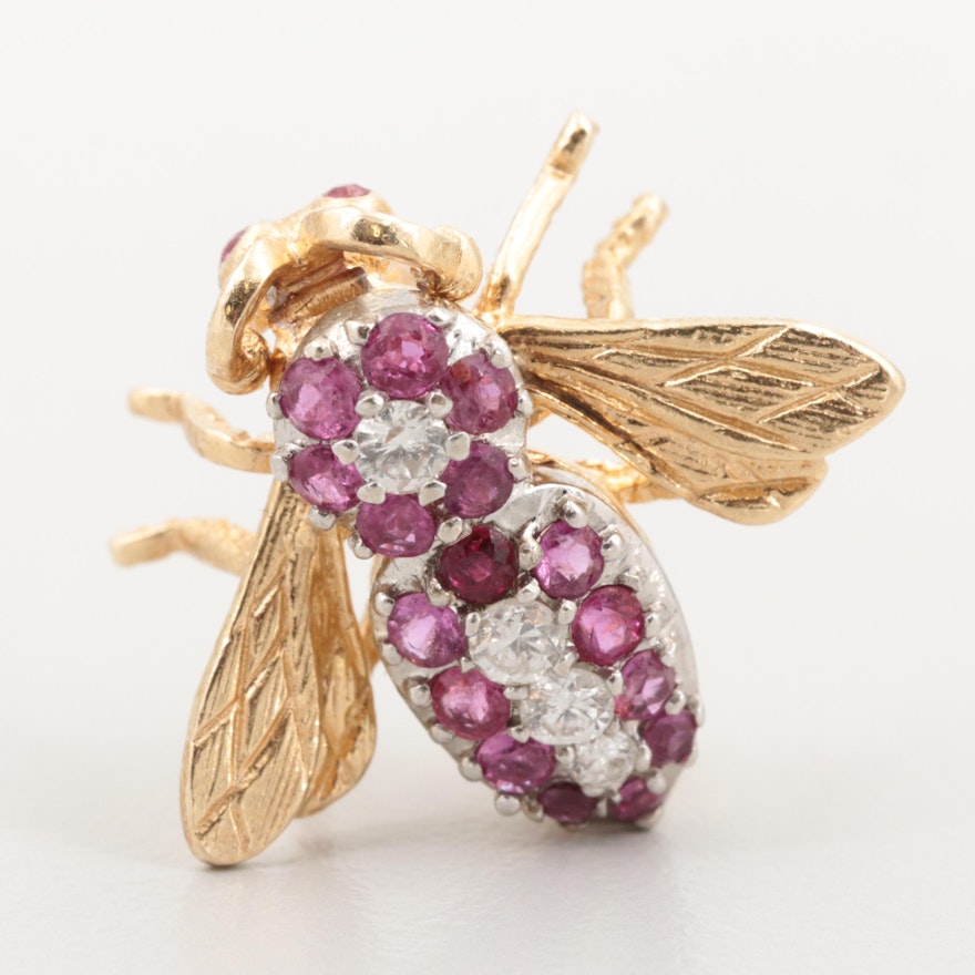 14K Yellow Gold Diamond and Ruby Insect Motif Brooch