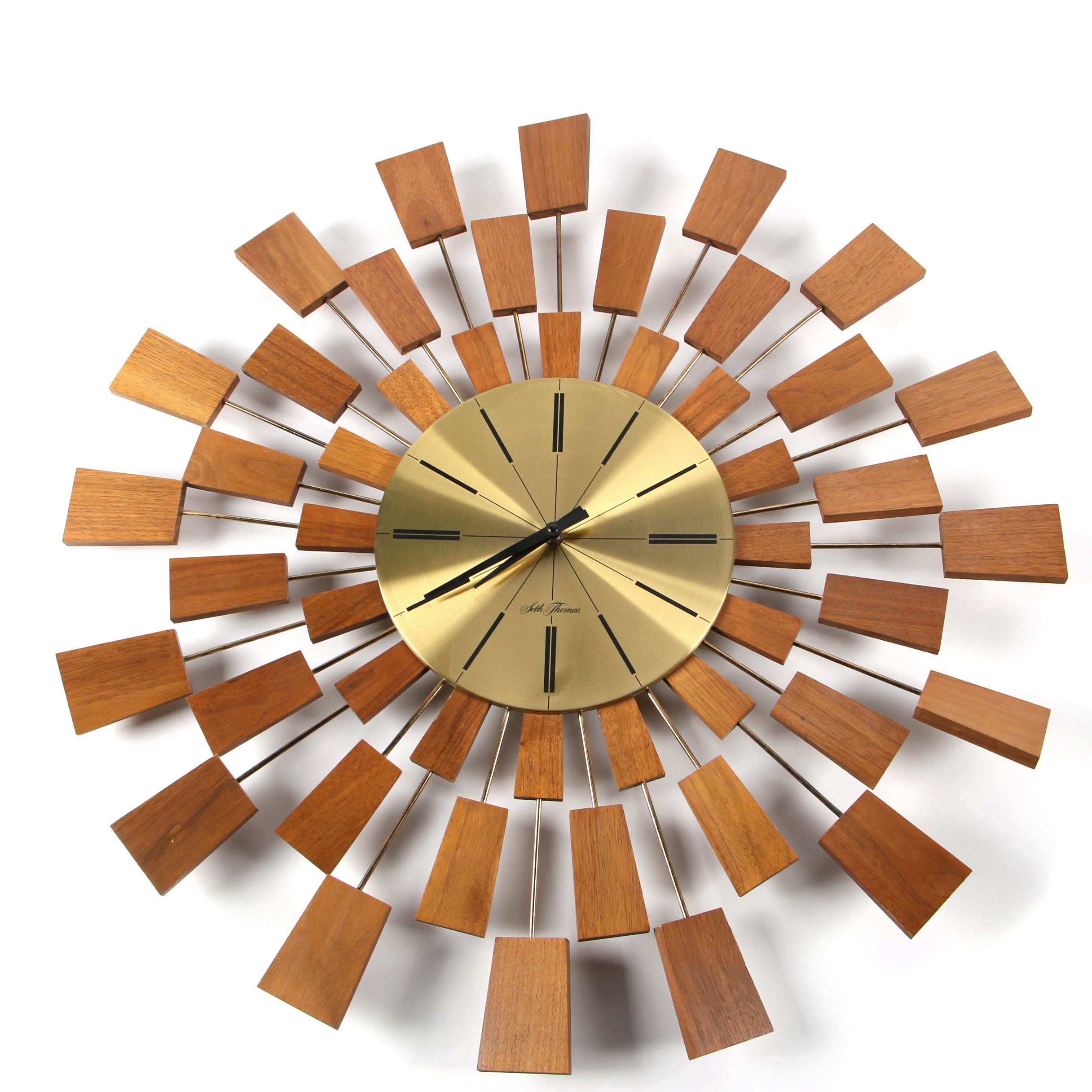Seth Thomas "Grandeur" Teak and Brass Starburst Wall Clock, Mid-Century
