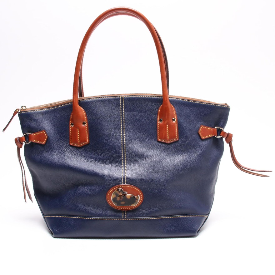 Dooney & Bourke Navy Blue Pebbled and Tan Leather Tote Bag