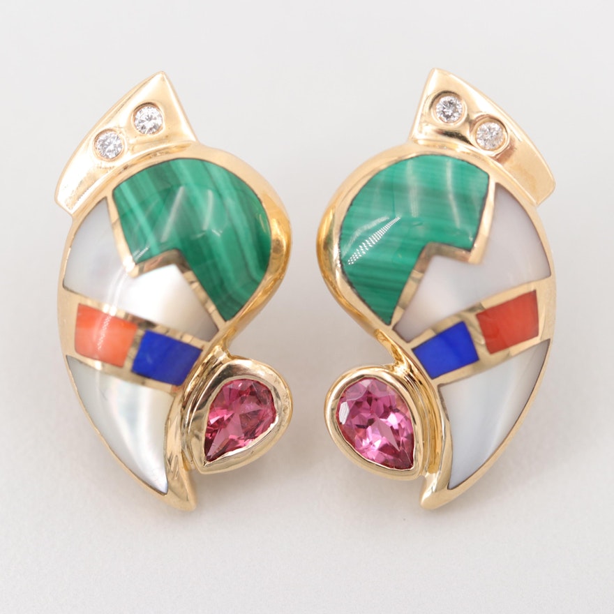 14K Yellow Gold Tourmaline, Diamond and Malachite Inlay Earrings