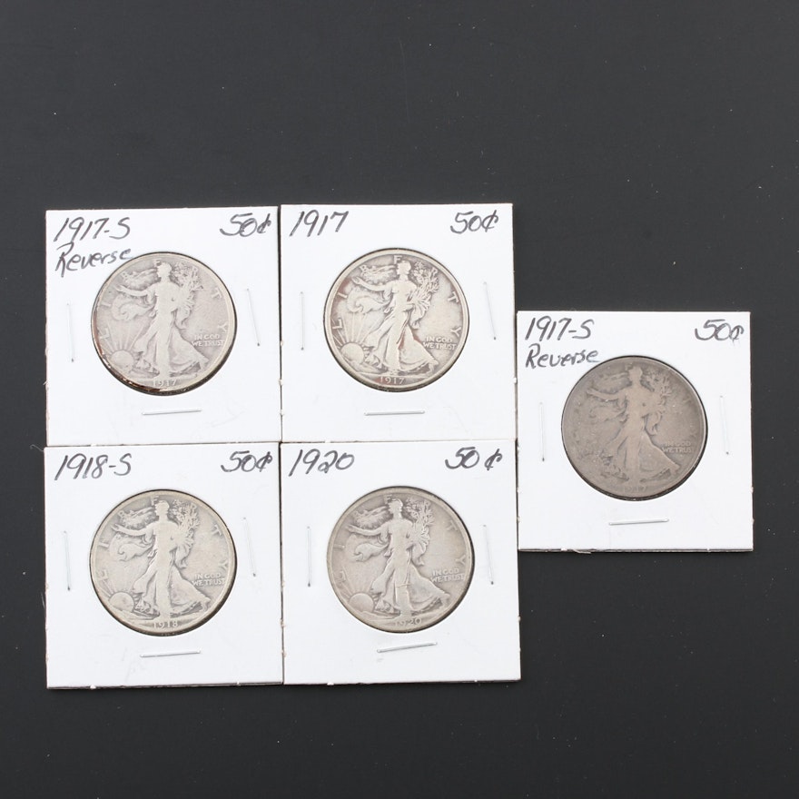 Group of Five Early Walking Liberty Silver Half Dollars