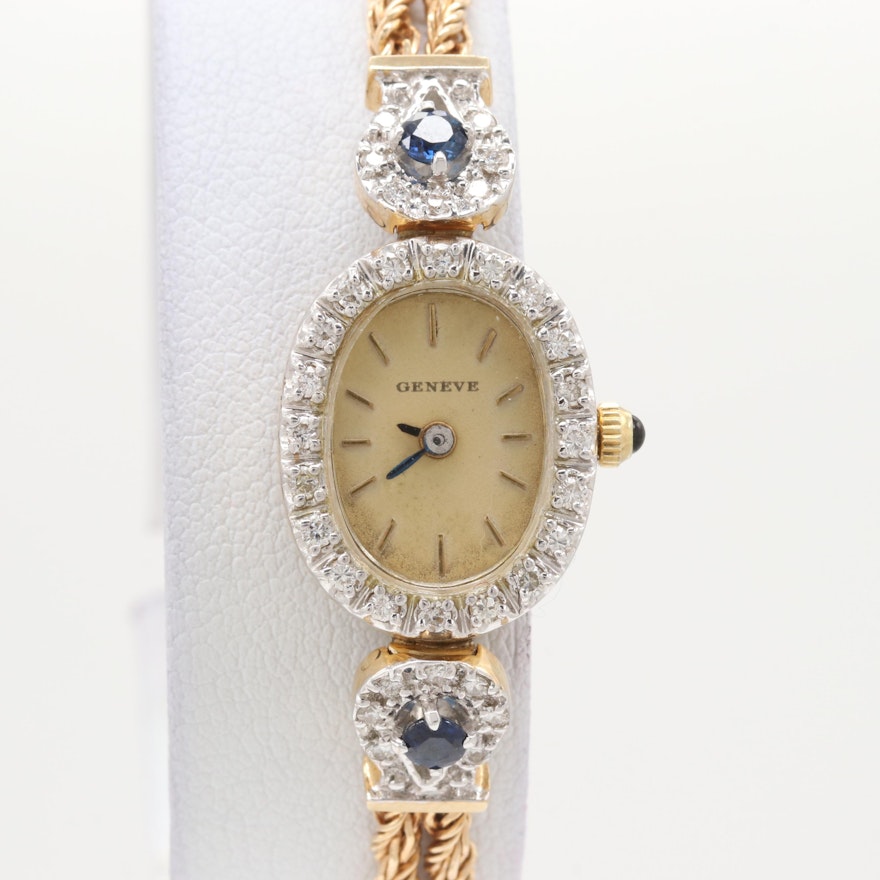 Geneve 14K Yellow Gold Diamond and Sapphire Quartz Wristwatch