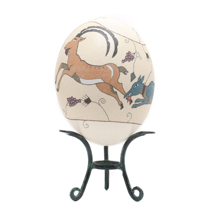 Painted Ostrich Egg Shell with Stand