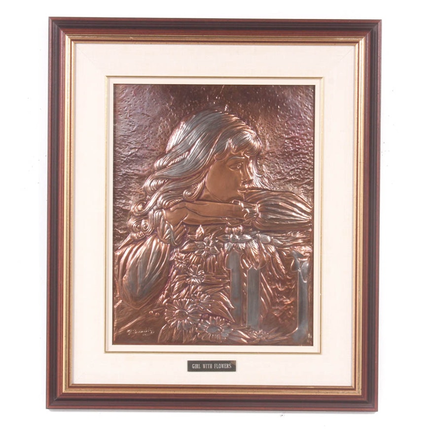Panagiotes (Peter) Zoudis Copper Relief Plaque "Girl with Flowers"