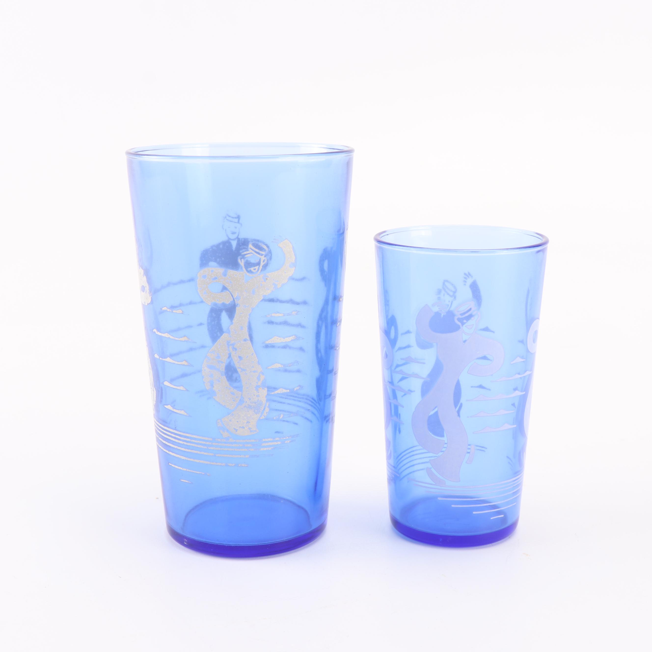 Hazel Atlas "Dancing Sailor" Cobalt Glasses with Ice Bucket, Circa 1930s