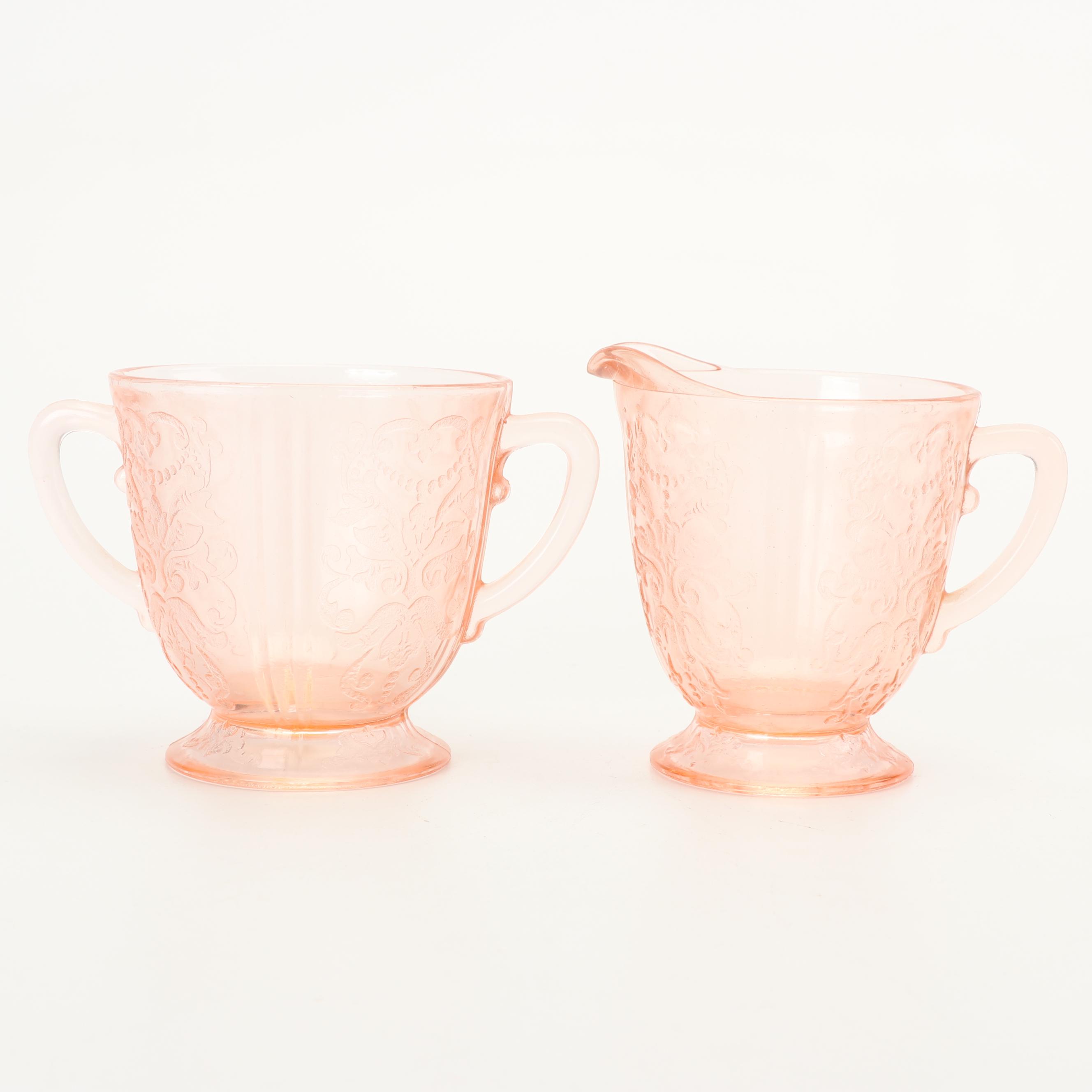 Hazel-Atlas "Florentine I Pink" Depression Glass Creamer and Sugar Bowls