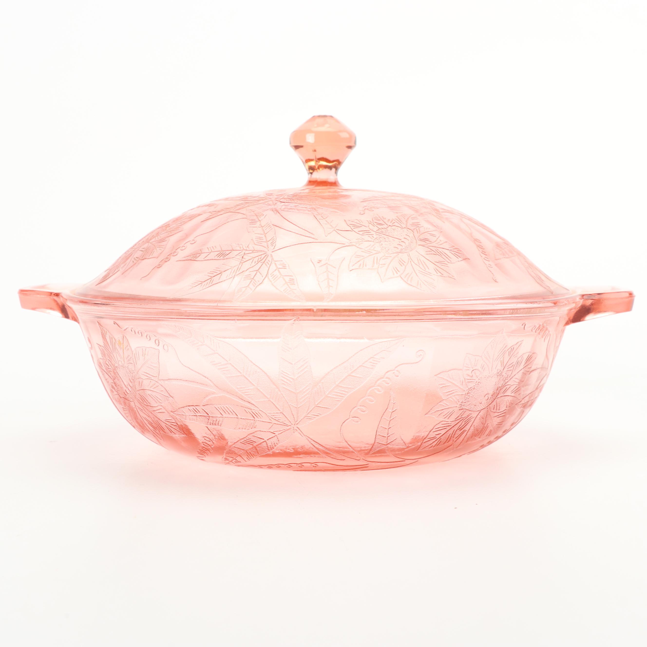 Jeanette "Floral Pink" Depression Glass Covered Round Vegetable Bowl