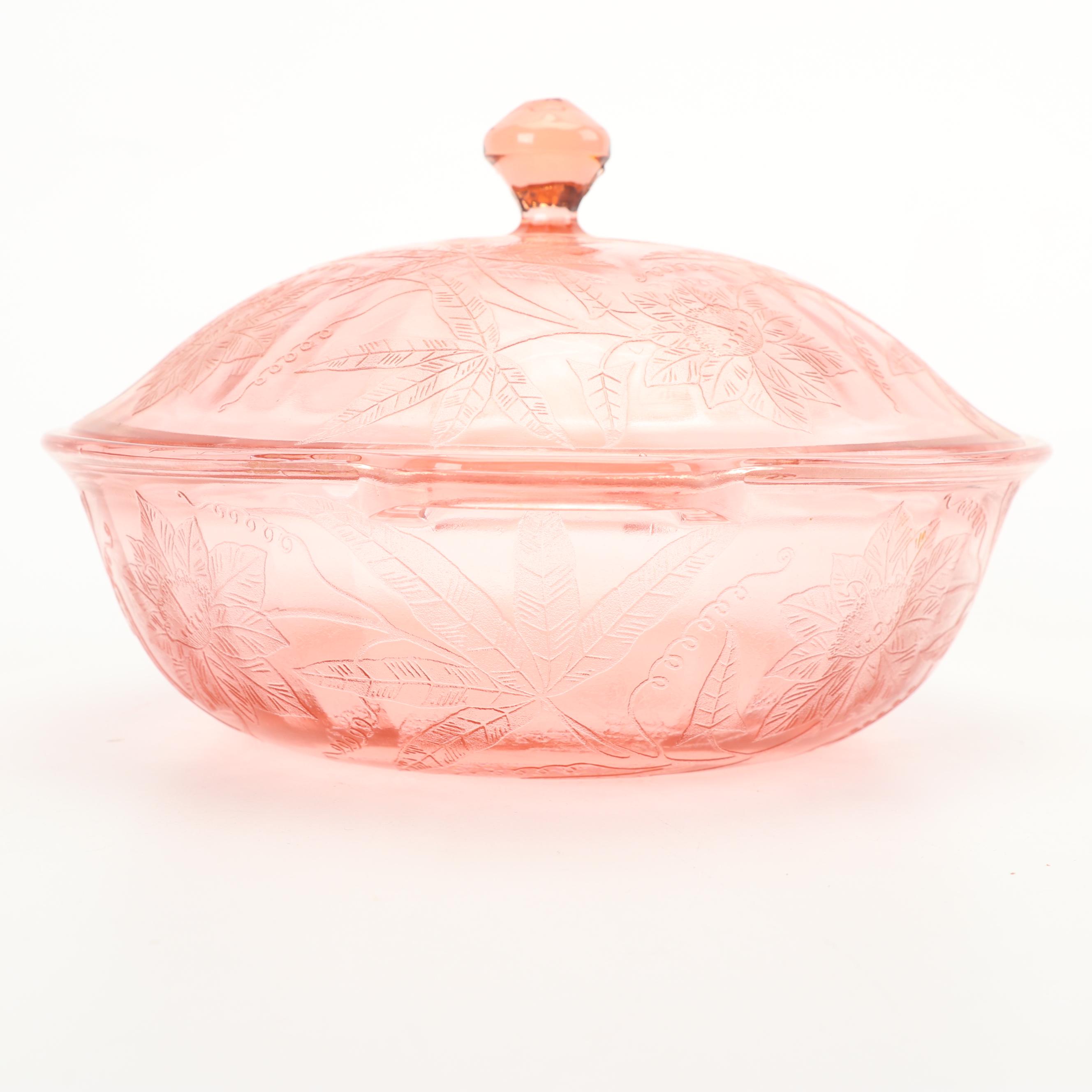 Jeanette "Floral Pink" Depression Glass Covered Round Vegetable Bowl